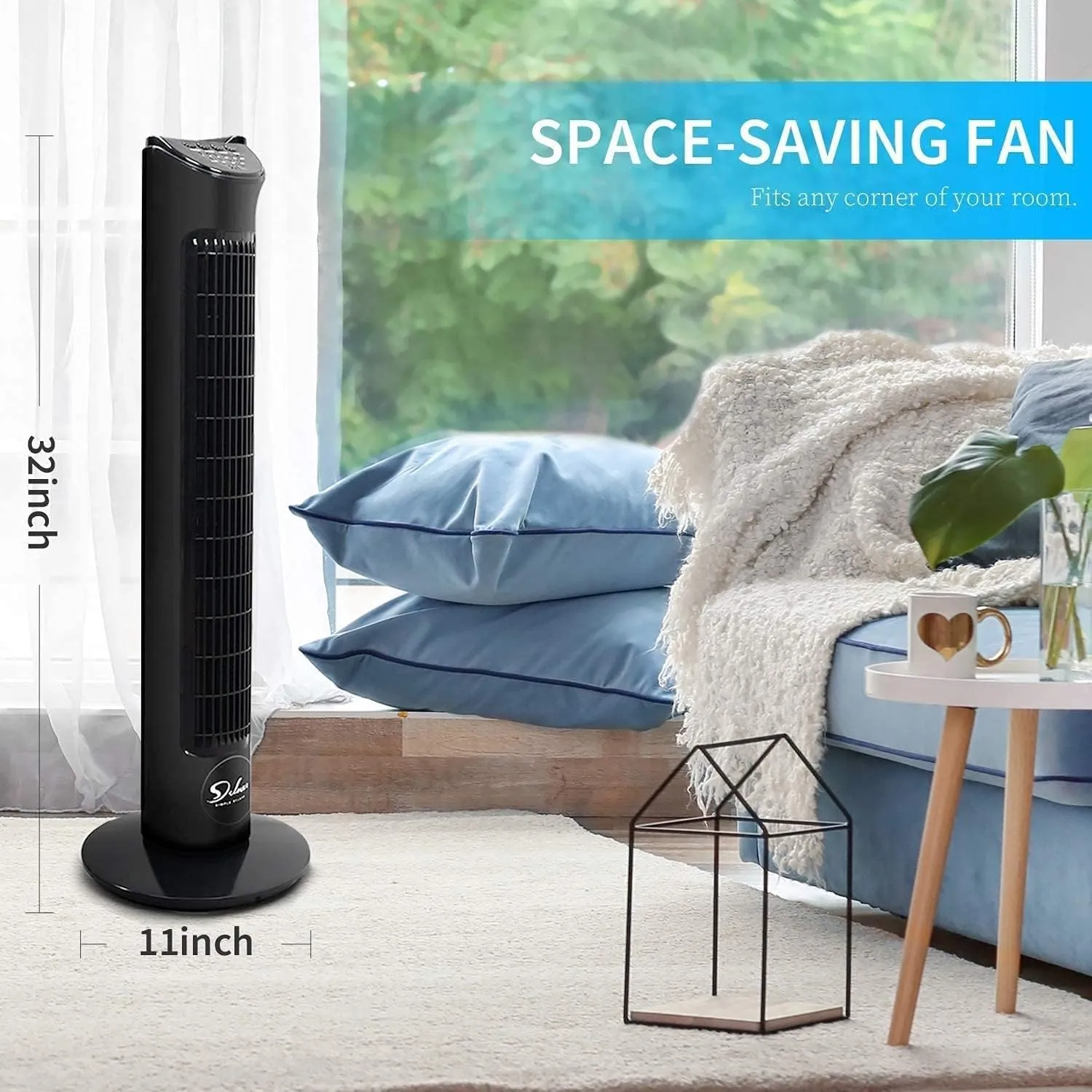 Simple Deluxe 32-Inch Oscillating Tower Fan for Bedroom with Remote Control and 3 Speeds, 3 Modes, Low Noisy Bladeless Fan for Indoor Home Office, Black
