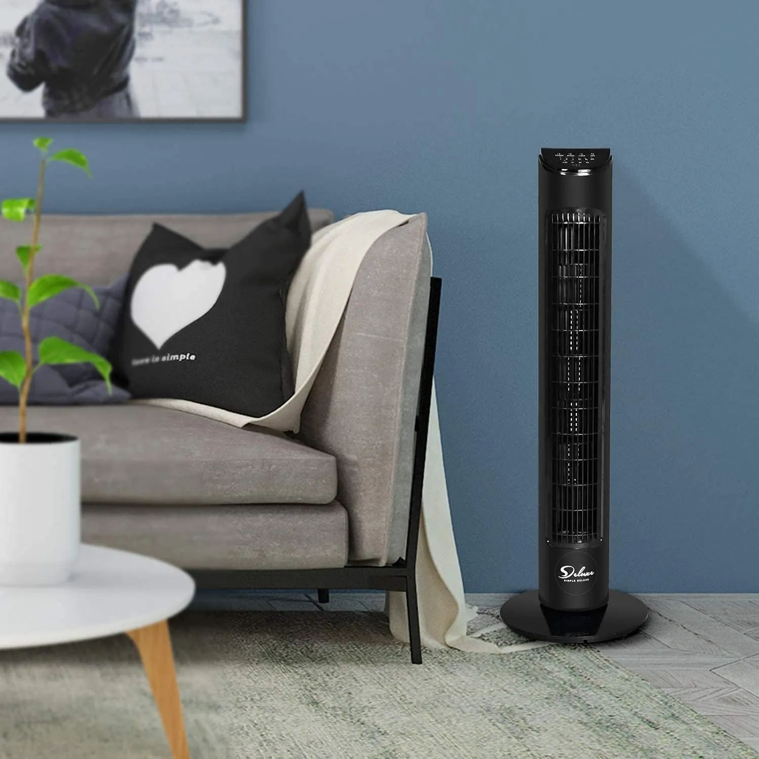 Simple Deluxe 32-Inch Oscillating Tower Fan for Bedroom with Remote Control and 3 Speeds, 3 Modes, Low Noisy Bladeless Fan for Indoor Home Office, Black