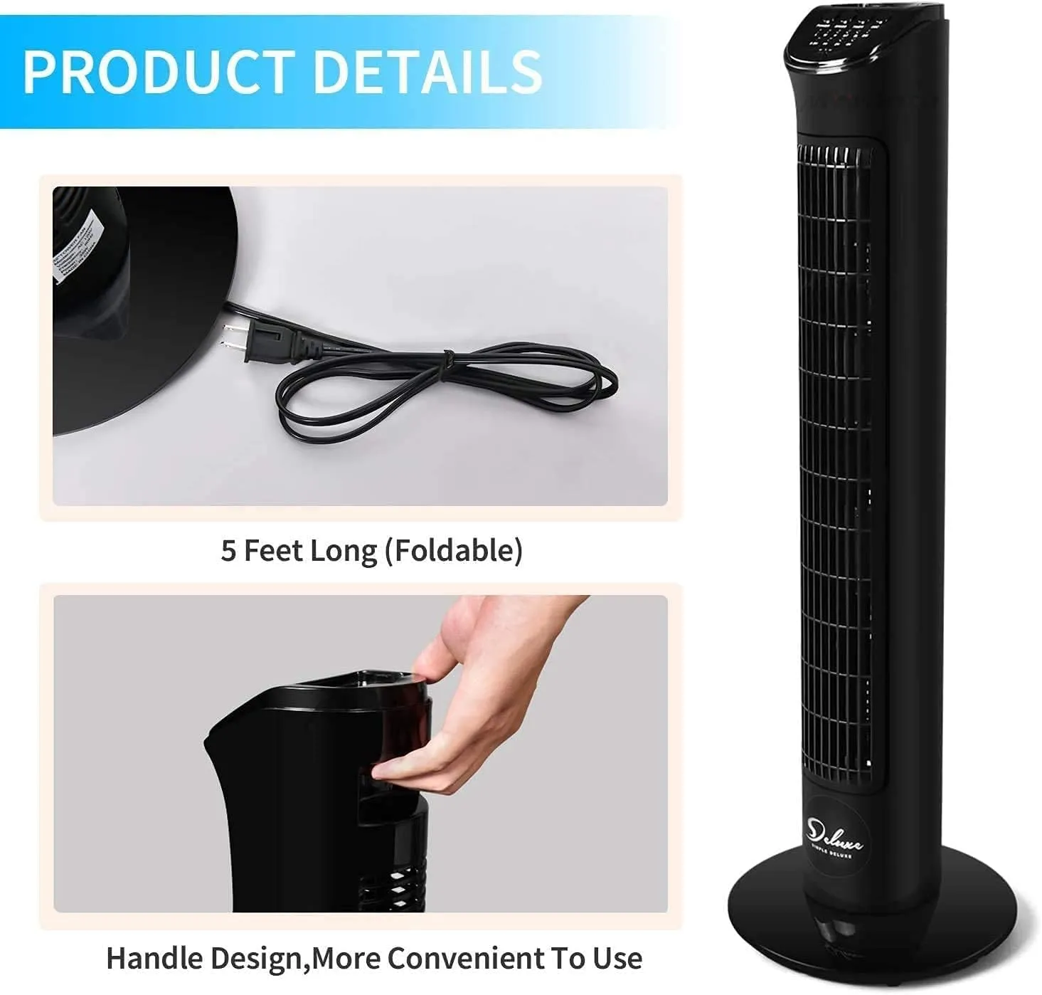 Simple Deluxe 32-Inch Oscillating Tower Fan for Bedroom with Remote Control and 3 Speeds, 3 Modes, Low Noisy Bladeless Fan for Indoor Home Office, Black
