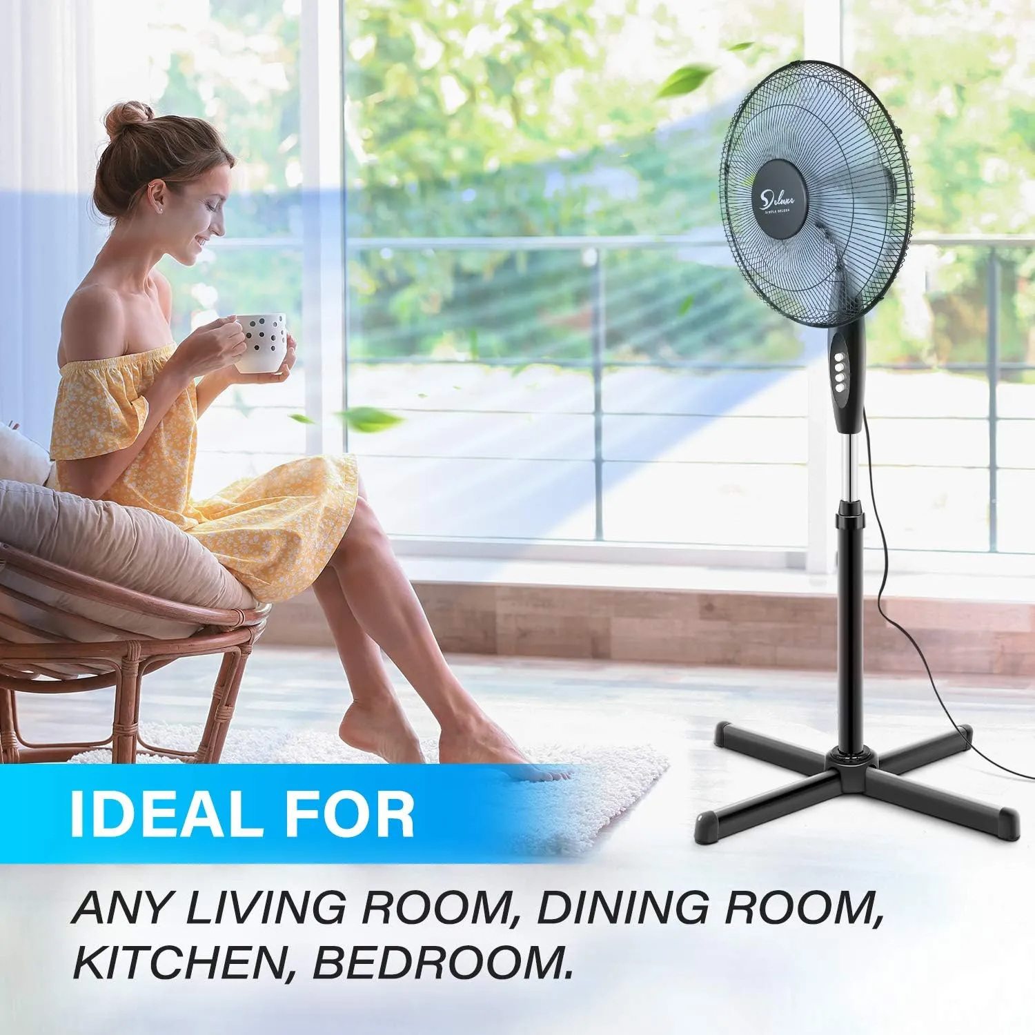 Simple Deluxe Oscillating 16'' 3 Adjustable Speed Pedestal Stand Fan for Indoor, Bedroom, Living Room, Home Office & College Dorm Use, 16 Inch, Black