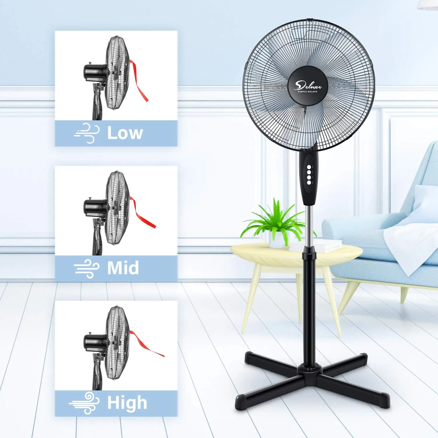 Simple Deluxe Oscillating 16'' 3 Adjustable Speed Pedestal Stand Fan for Indoor, Bedroom, Living Room, Home Office & College Dorm Use, 16 Inch, Black