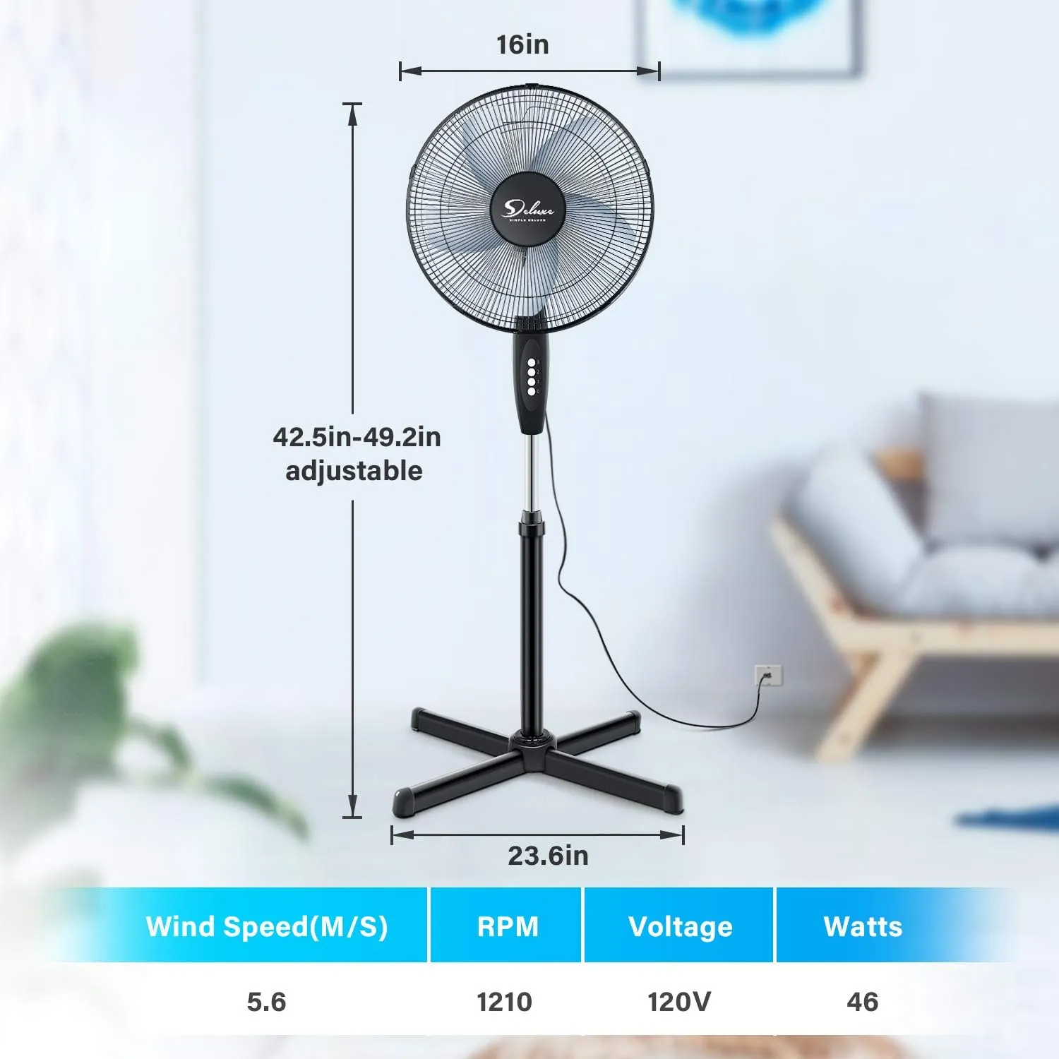 Simple Deluxe Oscillating 16'' 3 Adjustable Speed Pedestal Stand Fan for Indoor, Bedroom, Living Room, Home Office & College Dorm Use, 16 Inch, Black