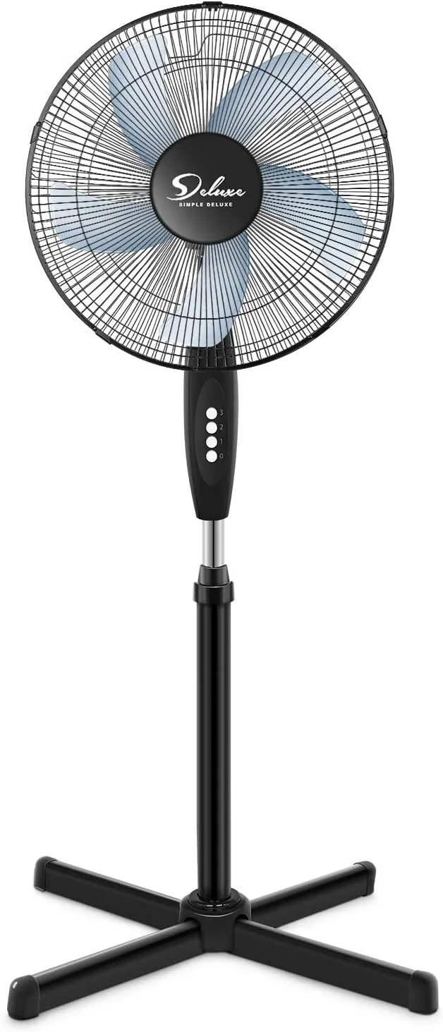 Simple Deluxe Oscillating 16'' 3 Adjustable Speed Pedestal Stand Fan for Indoor, Bedroom, Living Room, Home Office & College Dorm Use, 16 Inch, Black Fan with safety blade design