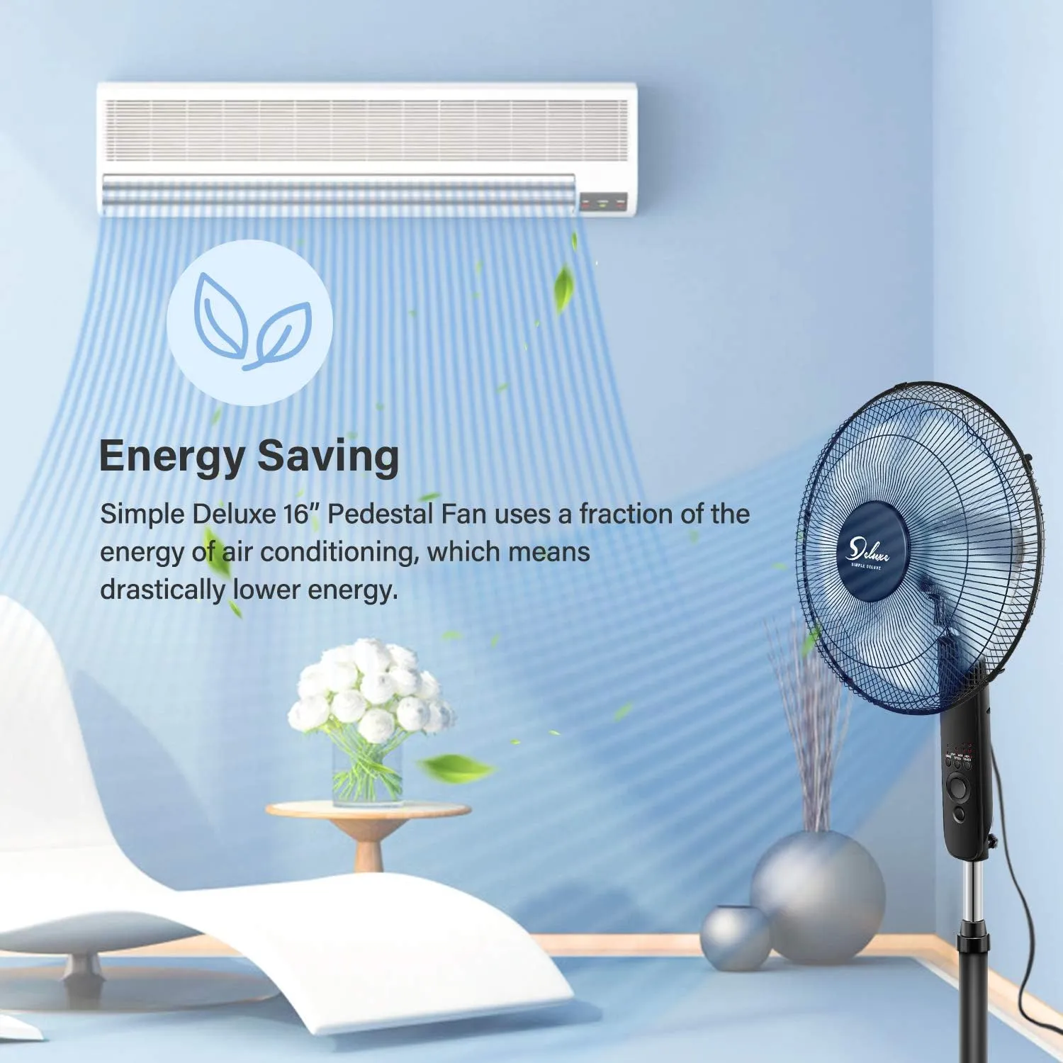 Simple Deluxe Oscillating 16 Adjustable 3 Speed Pedestal Stand Fan with Remote Control for Indoor, Bedroom, Living Room, Home Office & College Dorm Use, 2 Pack, black