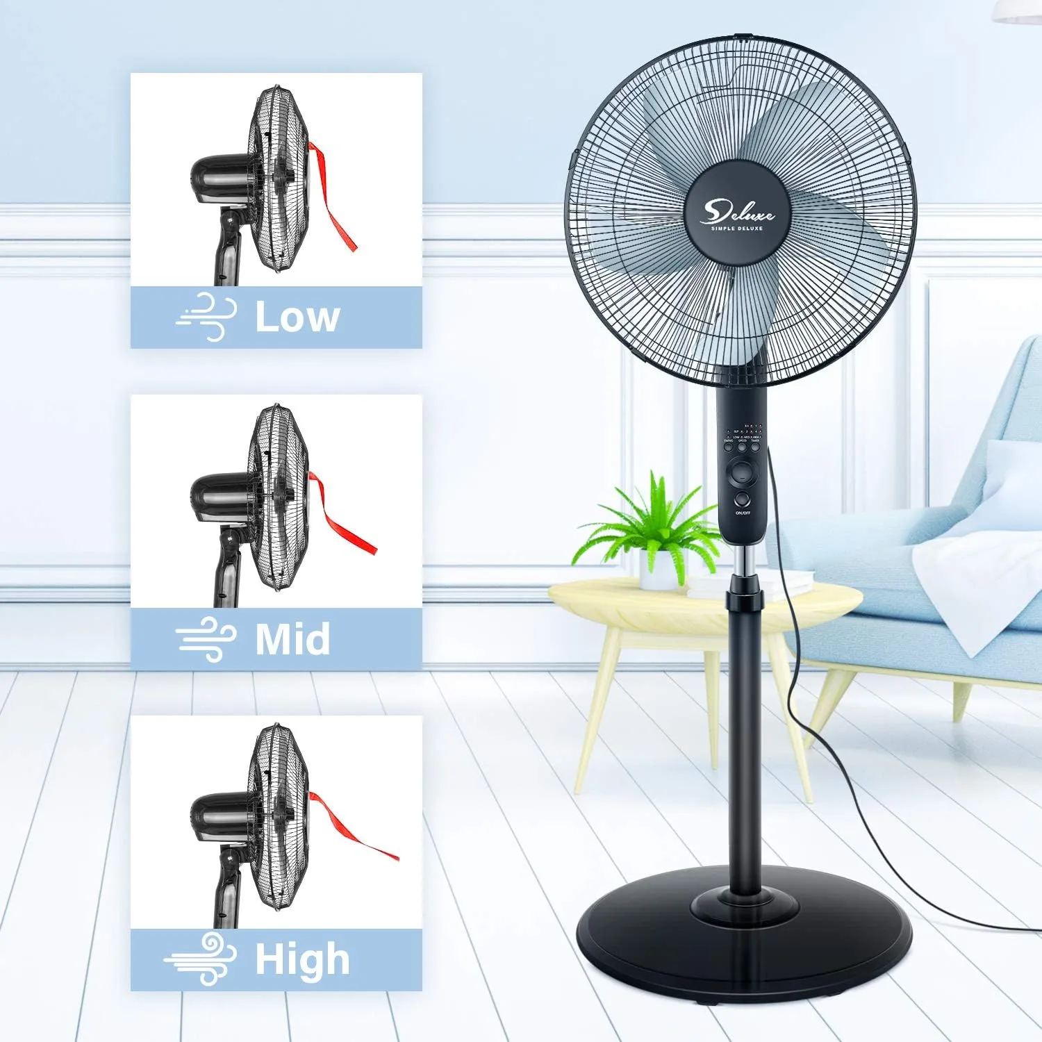 Simple Deluxe Oscillating 16 Adjustable 3 Speed Pedestal Stand Fan with Remote Control for Indoor, Bedroom, Living Room, Home Office & College Dorm Use, 2 Pack, black