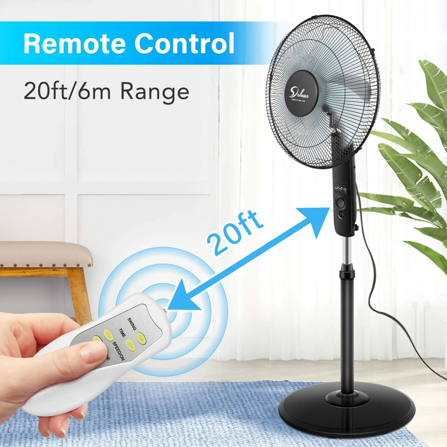 Simple Deluxe Oscillating 16 Adjustable 3 Speed Pedestal Stand Fan with Remote Control for Indoor, Bedroom, Living Room, Home Office & College Dorm Use, 2 Pack, black