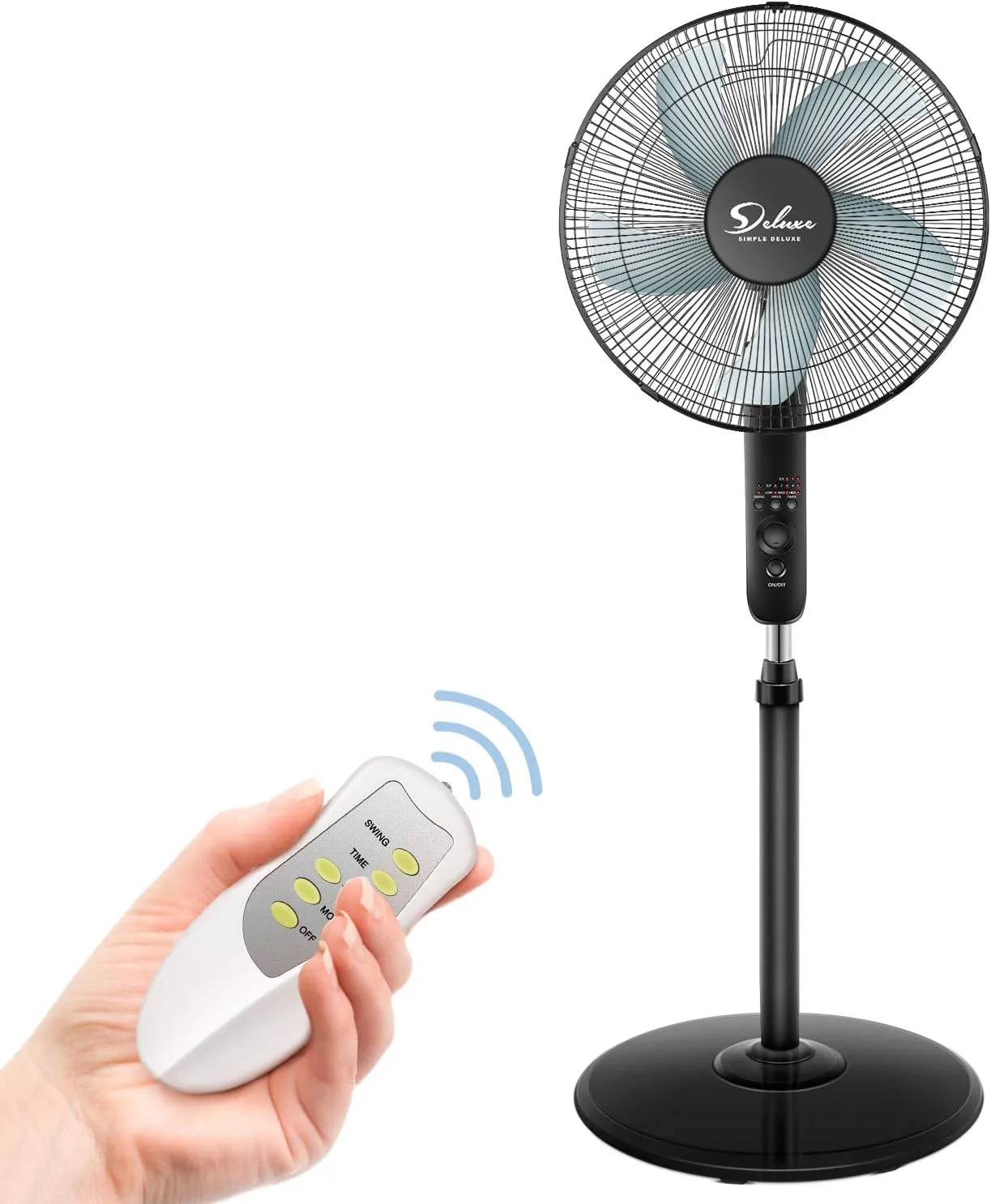 Simple Deluxe Pedestal Stand Fan with Remote Control for Indoor, Bedroom, Living Room, Home Office & College Dorm Use,3 Speed, Black, 16 Inch Fan with safety blade design