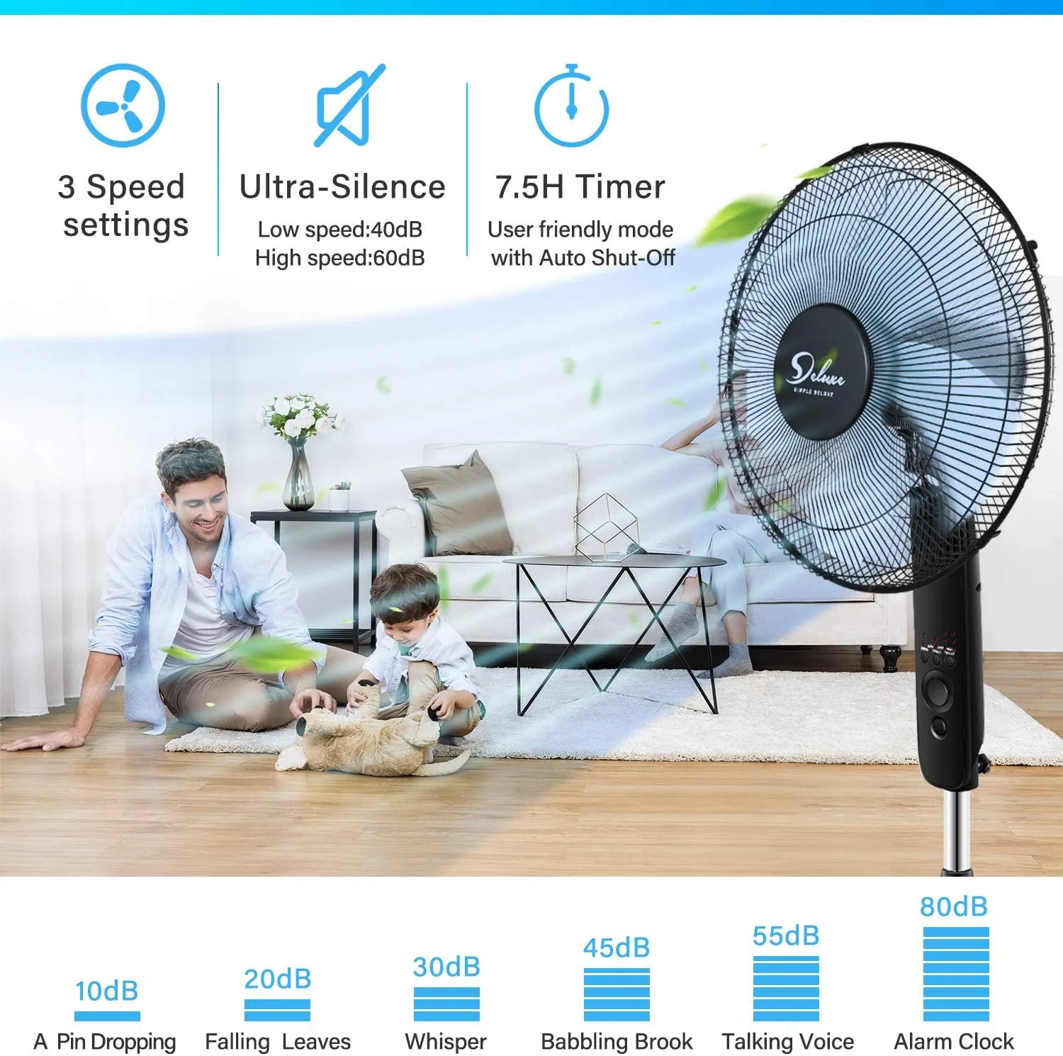 Simple Deluxe Pedestal Stand Fan with Remote Control for Indoor, Bedroom, Living Room, Home Office & College Dorm Use,3 Speed, Black, 16 Inch