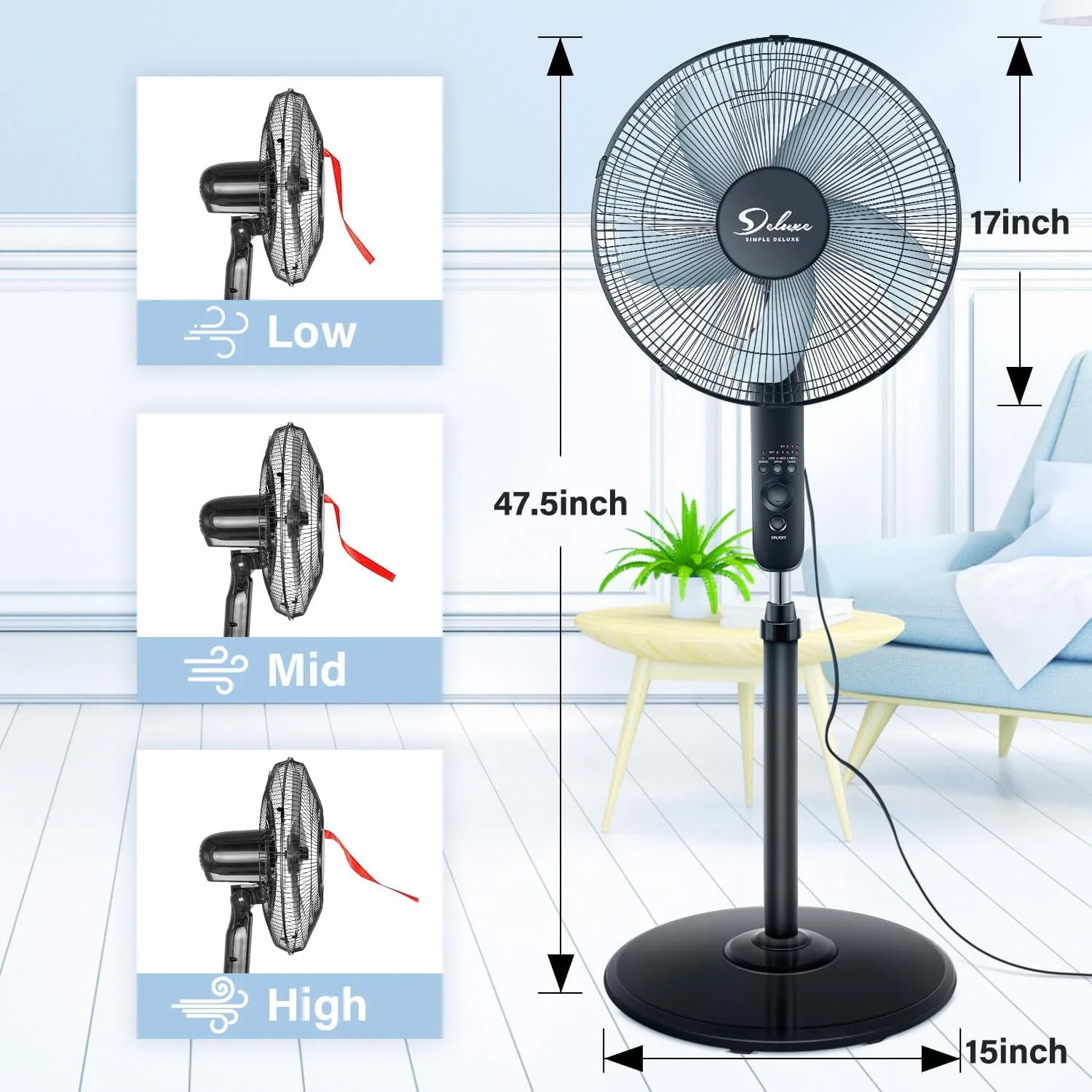Simple Deluxe Pedestal Stand Fan with Remote Control for Indoor, Bedroom, Living Room, Home Office & College Dorm Use,3 Speed, Black, 16 Inch
