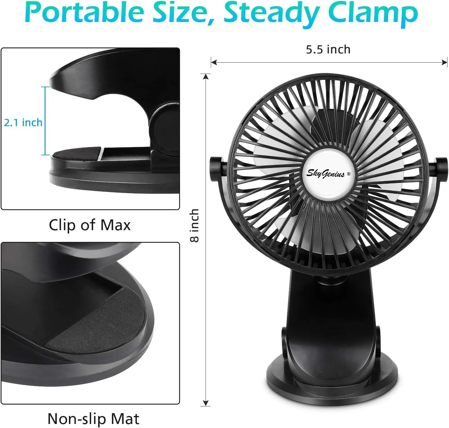 SkyGenius Battery Operated Stroller Fan, Rechargeable USB Powered Mini Clip on Desk Fan