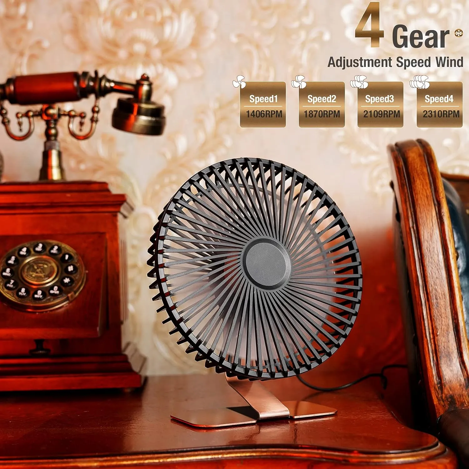 SLENPET 6 inch USB Desk Fan, 4 Speeds, Ultra-quiet, 90 Adjustment for Better Cooling, Portable Mini Powerful Desktop Table Fan, Small Personal Fan for Home Office, Metal Base, Bronze