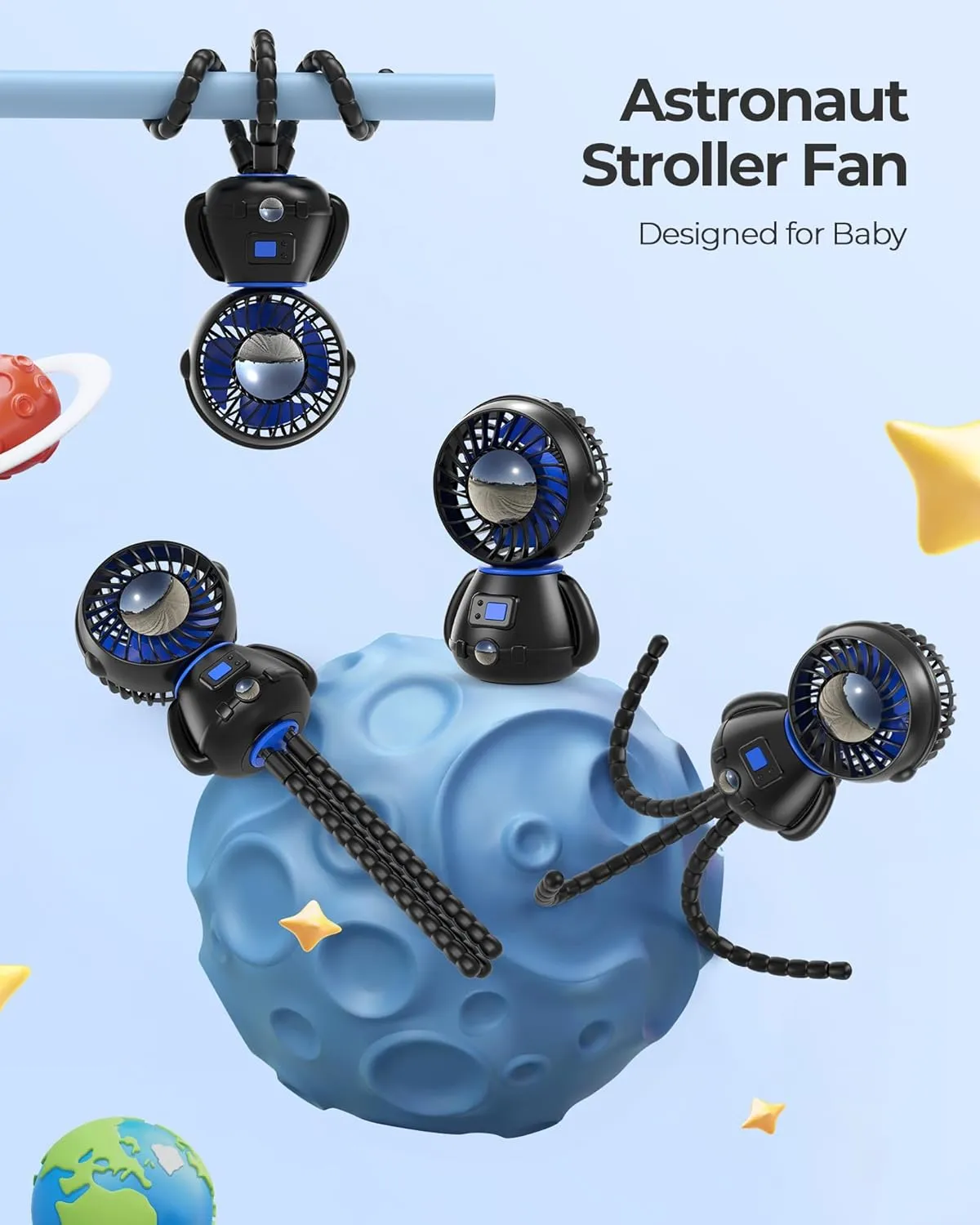 SLENPET Astronaut Portable Stroller Fan, Baby-Safe Clip-on with Detachable Flexible Tripod, Rechargeable Battery-Operated, 3-Speeds, 270 Rotation - Ideal for Car Seats, Cribs, Treadmills, Travel