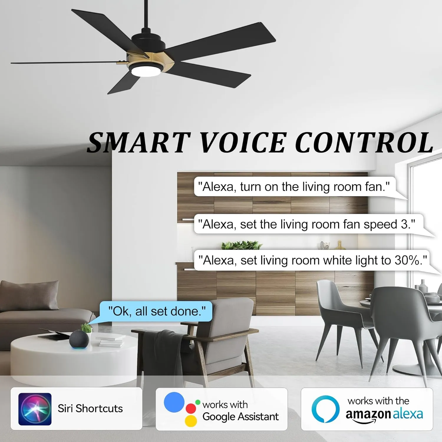SMAAIR 52 Inch DC Ceiling Fans with Lights and Remote Control, Modern Ceiling Fan Works with APP/Alexa/Google Assistant/Siri, 5 Reversible Plywood Blades, 10 Speed DC Motor, Black/Gold