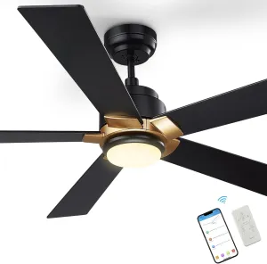 SMAAIR 52 Inch DC Ceiling Fans with Lights and Remote Control, Modern Ceiling Fan Works with APP/Alexa/Google Assistant/Siri, 5 Reversible Plywood Blades, 10 Speed DC Motor, Black/Gold App-controlled remote fan for convenience