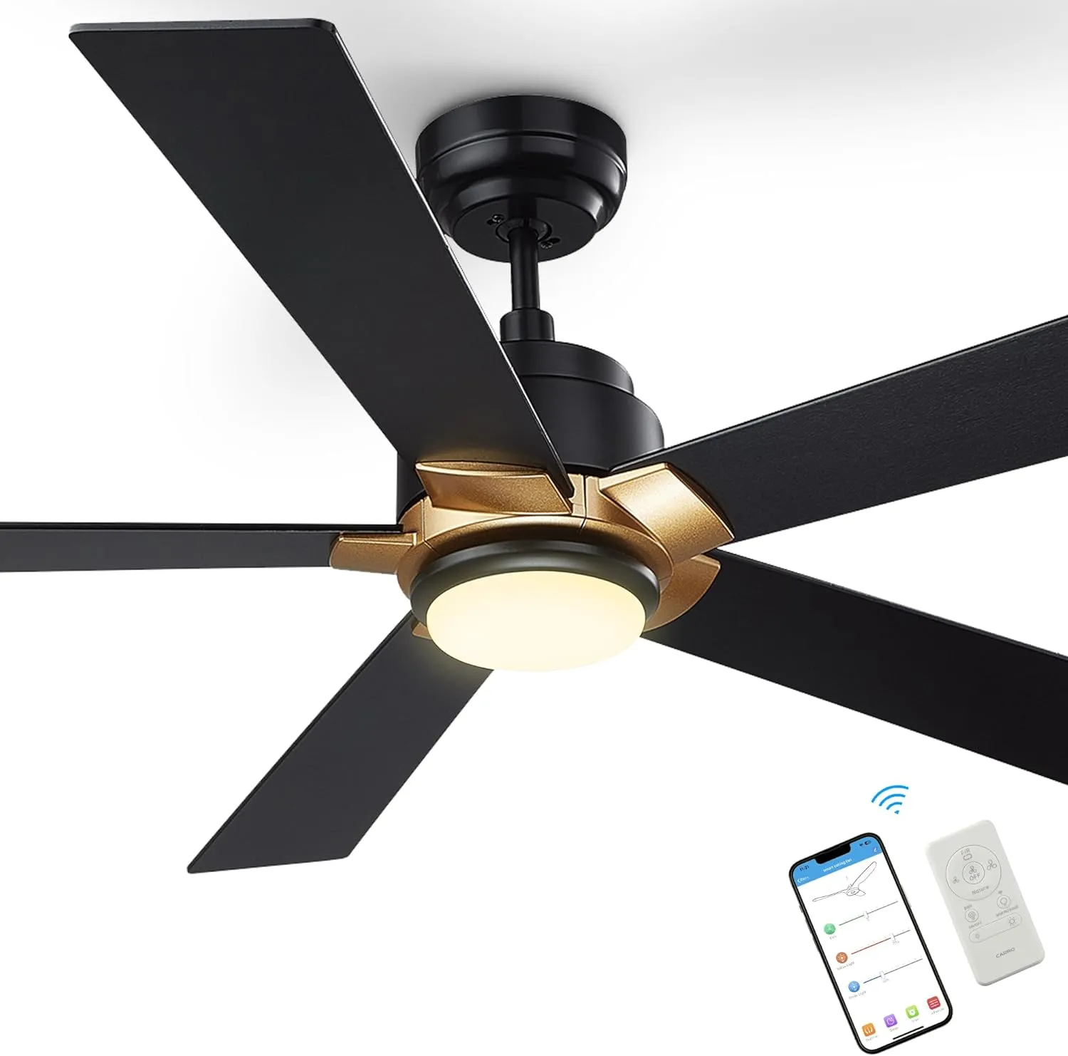SMAAIR 52 Inch DC Ceiling Fans with Lights and Remote Control, Modern Ceiling Fan Works with APP/Alexa/Google Assistant/Siri, 5 Reversible Plywood Blades, 10 Speed DC Motor, Black/Gold App-controlled remote fan for convenience