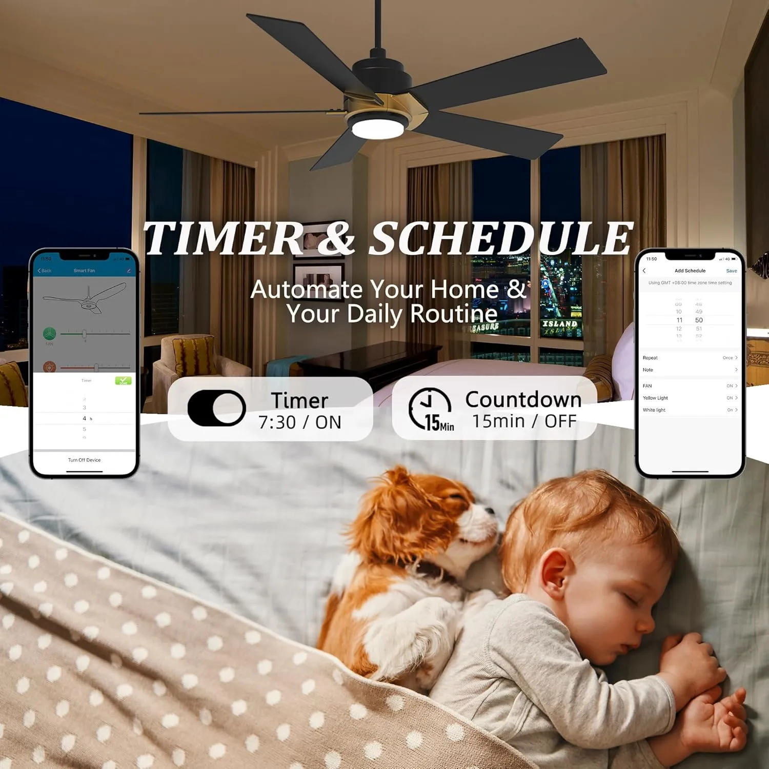 SMAAIR 52 Inch DC Ceiling Fans with Lights and Remote Control, Modern Ceiling Fan Works with APP/Alexa/Google Assistant/Siri, 5 Reversible Plywood Blades, 10 Speed DC Motor, Black/Gold
