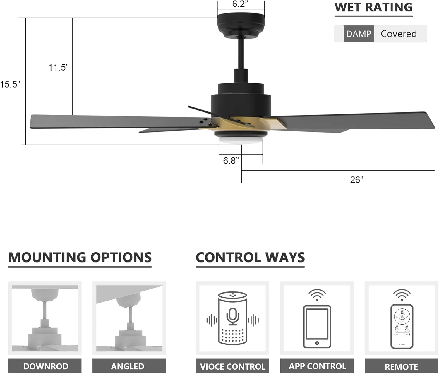 SMAAIR 52 Inch DC Ceiling Fans with Lights and Remote Control, Modern Ceiling Fan Works with APP/Alexa/Google Assistant/Siri, 5 Reversible Plywood Blades, 10 Speed DC Motor, Black/Gold