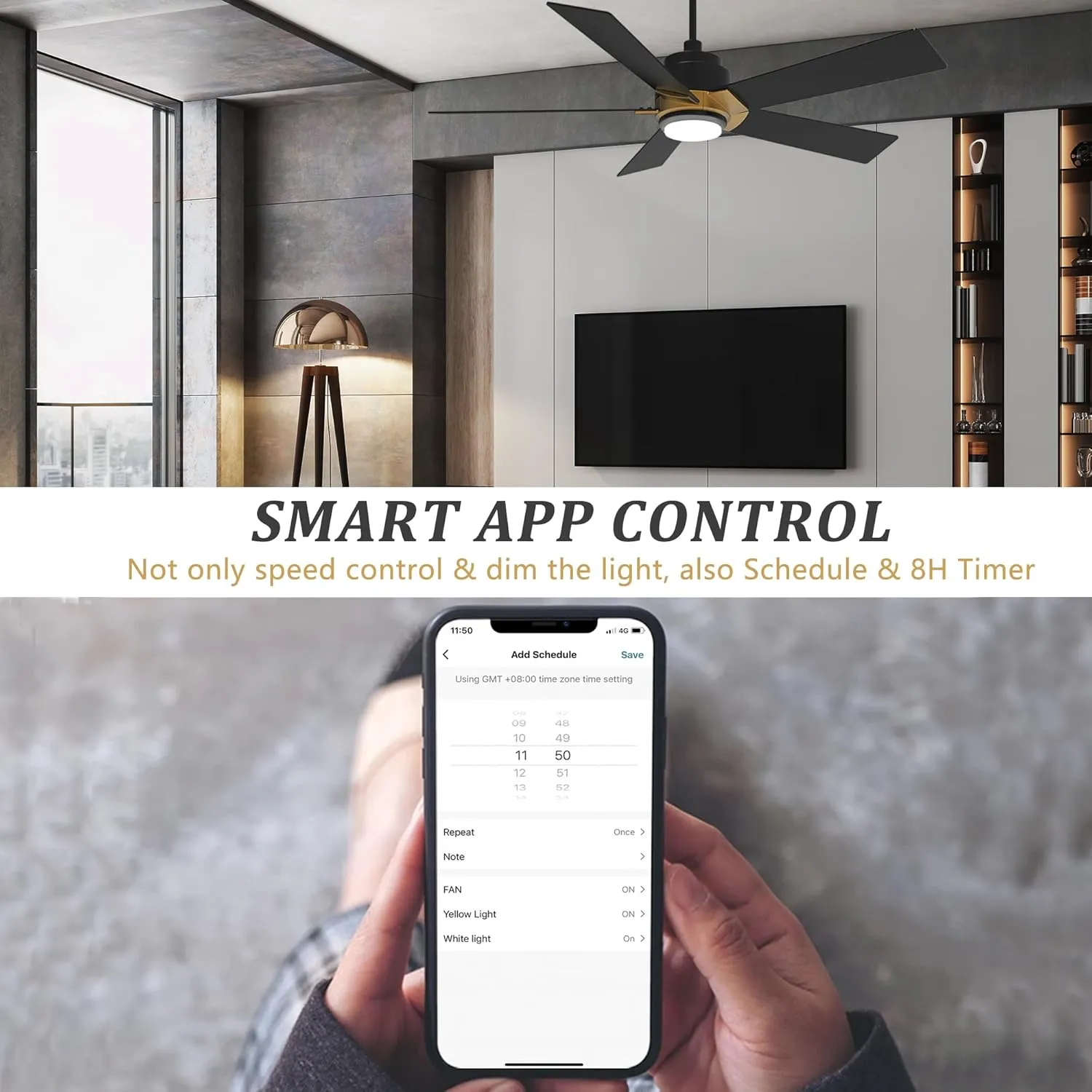 SMAAIR 52 Inch DC Ceiling Fans with Lights and Remote Control, Modern Ceiling Fan Works with APP/Alexa/Google Assistant/Siri, 5 Reversible Plywood Blades, 10 Speed DC Motor, Black/Gold