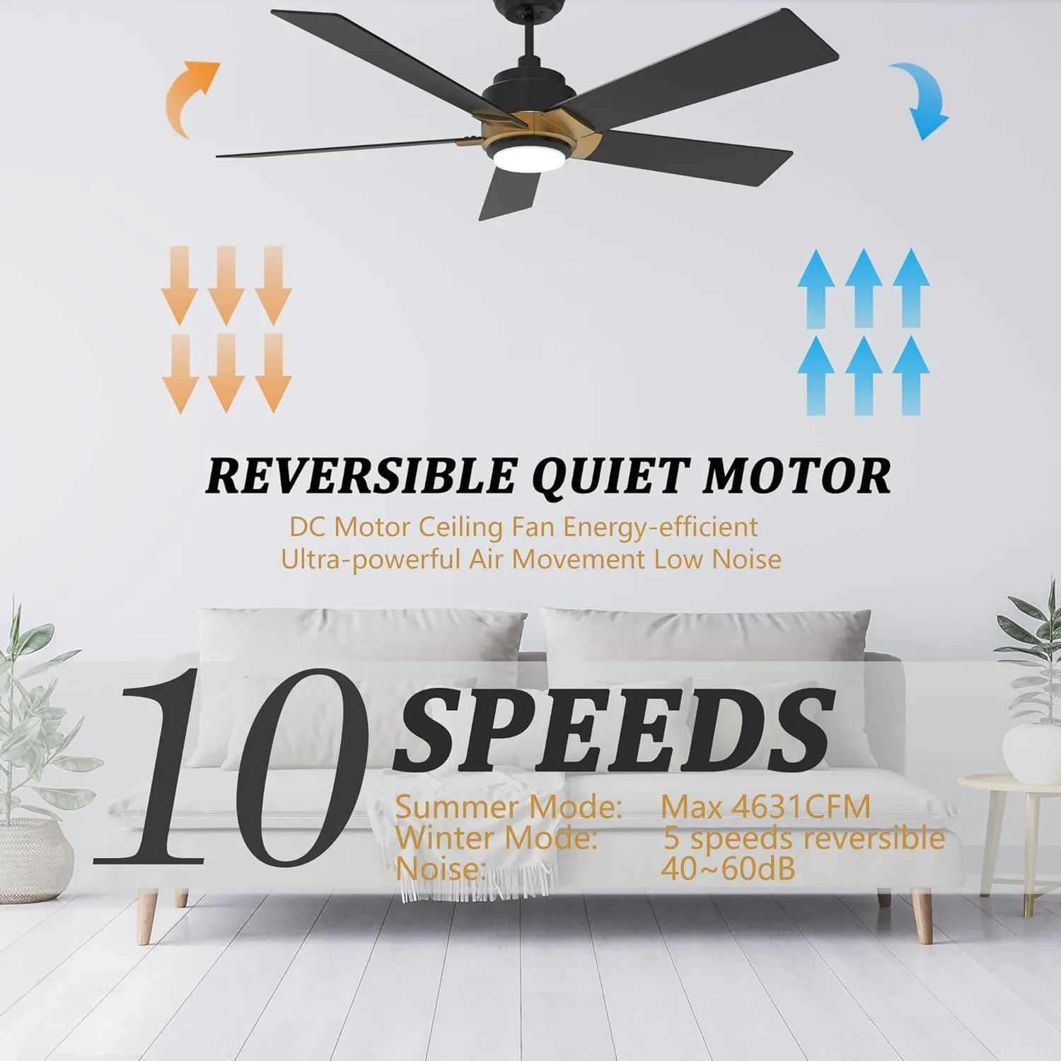SMAAIR 52 Inch DC Ceiling Fans with Lights and Remote Control, Modern Ceiling Fan Works with APP/Alexa/Google Assistant/Siri, 5 Reversible Plywood Blades, 10 Speed DC Motor, Black/Gold