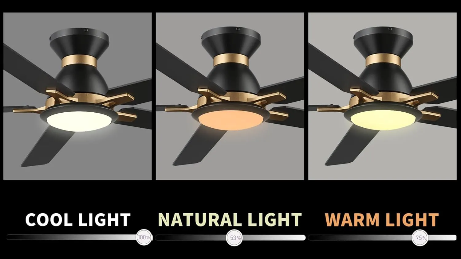 SMAAIR 60inch Ceiling Fans with Lights, Modern Low Profile Ceiling Fan with Remote Control, Flush Mount, 5 Blades, DC Motor, Indoor Ceiling Fan for Bedroom, Living Room, Black/Gold