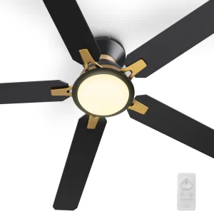 SMAAIR 60inch Ceiling Fans with Lights, Modern Low Profile Ceiling Fan with Remote Control, Flush Mount, 5 Blades, DC Motor, Indoor Ceiling Fan for Bedroom, Living Room, Black/Gold App-controlled remote fan for convenience