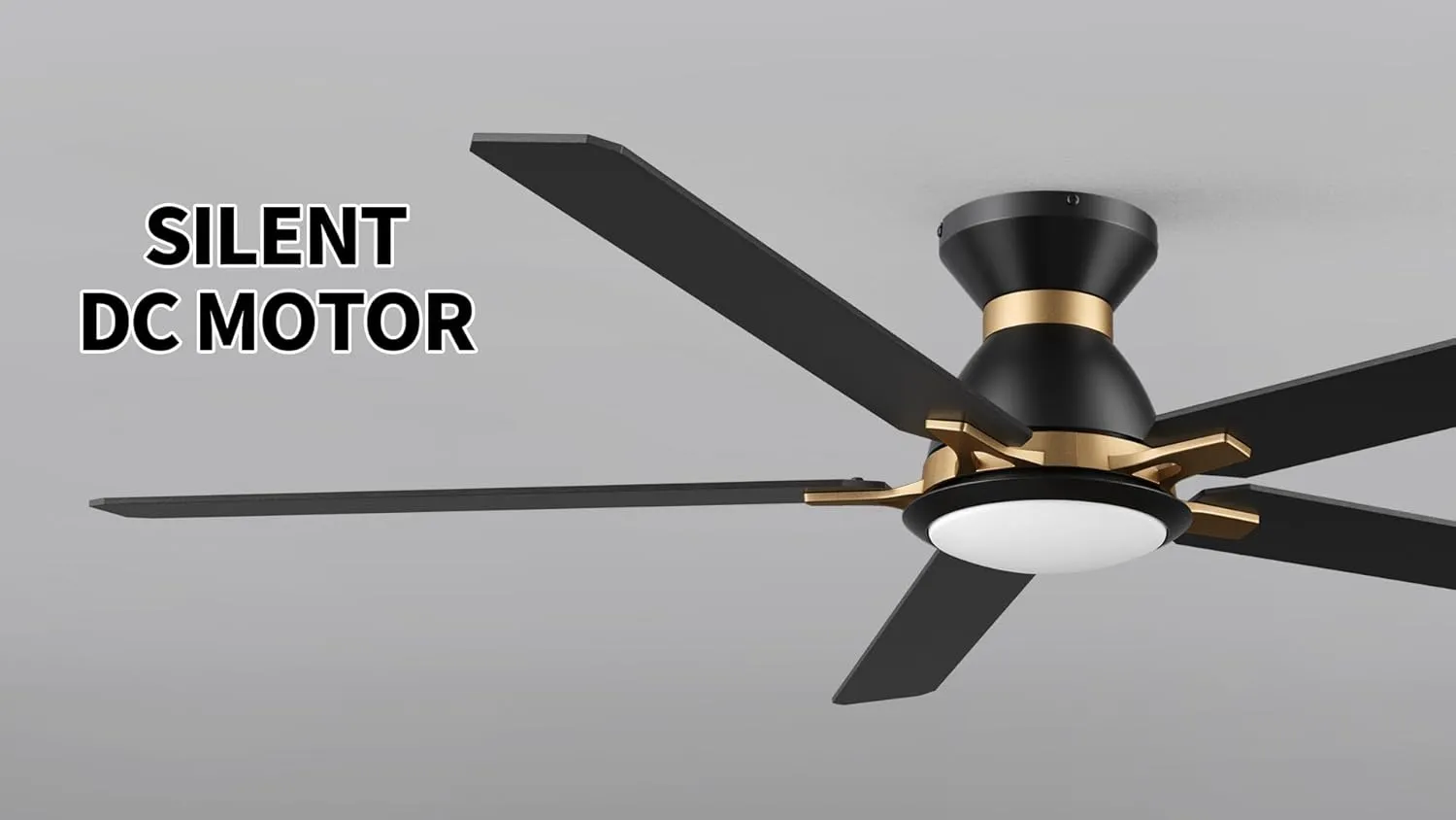 SMAAIR 60inch Ceiling Fans with Lights, Modern Low Profile Ceiling Fan with Remote Control, Flush Mount, 5 Blades, DC Motor, Indoor Ceiling Fan for Bedroom, Living Room, Black/Gold