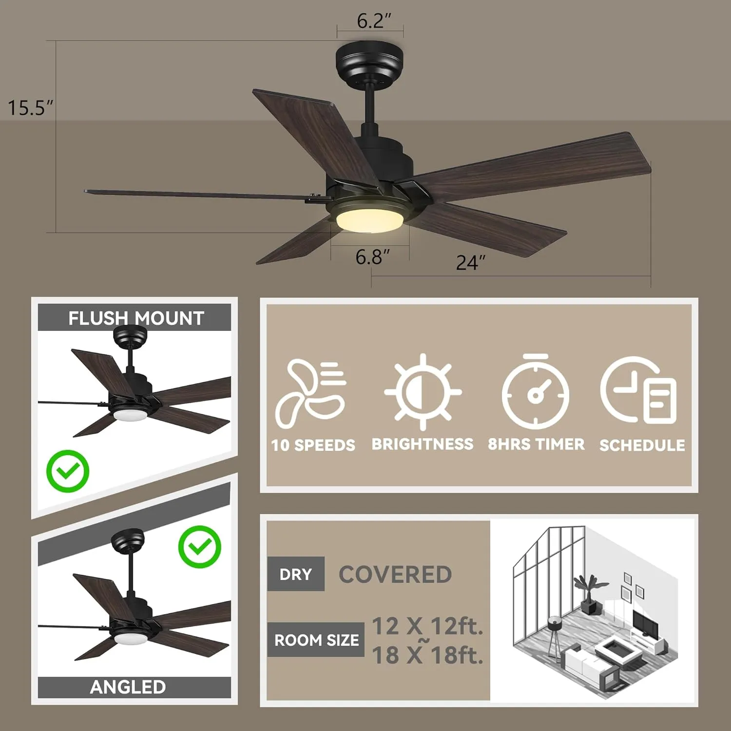 SMAAIR Smart Ceiling Fan with Light, 48inch Indoor and Outdoor ceiling fan with Remote, Compatible with Alexa/Google Assistant/Siri Shortcut, App control with Timer and Schedule(Walnut/Light Wood)