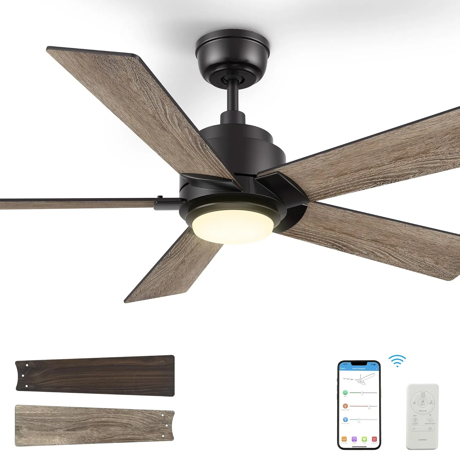SMAAIR Smart Ceiling Fan with Light, 48inch Indoor and Outdoor ceiling fan with Remote, Compatible with Alexa/Google Assistant/Siri Shortcut, App control with Timer and Schedule(Walnut/Light Wood) App-controlled remote fan for convenience