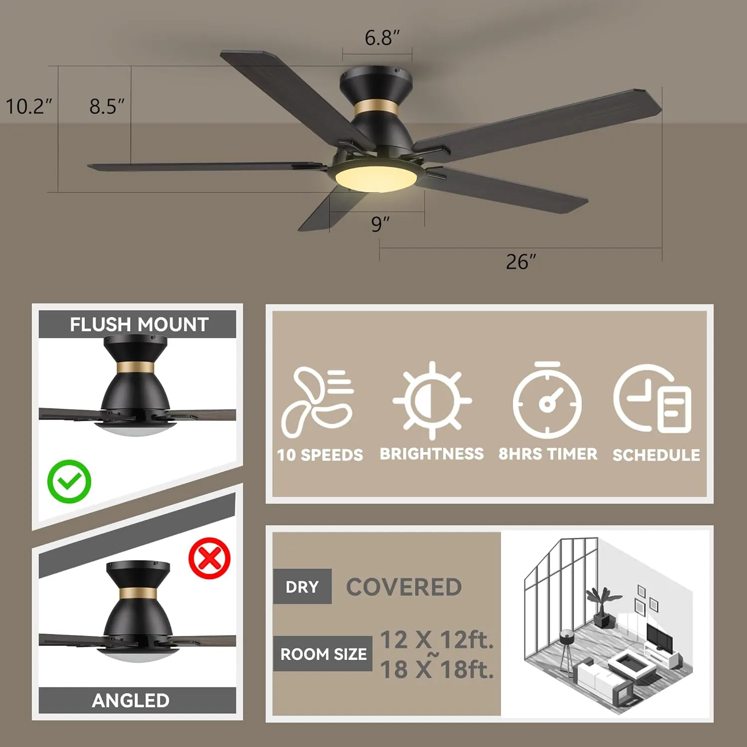 SMAAIR Smart Ceiling Fans with Lights, 52 Inch Low Profile Ceiling Fan with Remote/App/Voice Control via Alexa/Google Assistant/Siri,Flush Mount Modern Ceiling Fan for Bedroom,Reversible,Wooden/Walnut