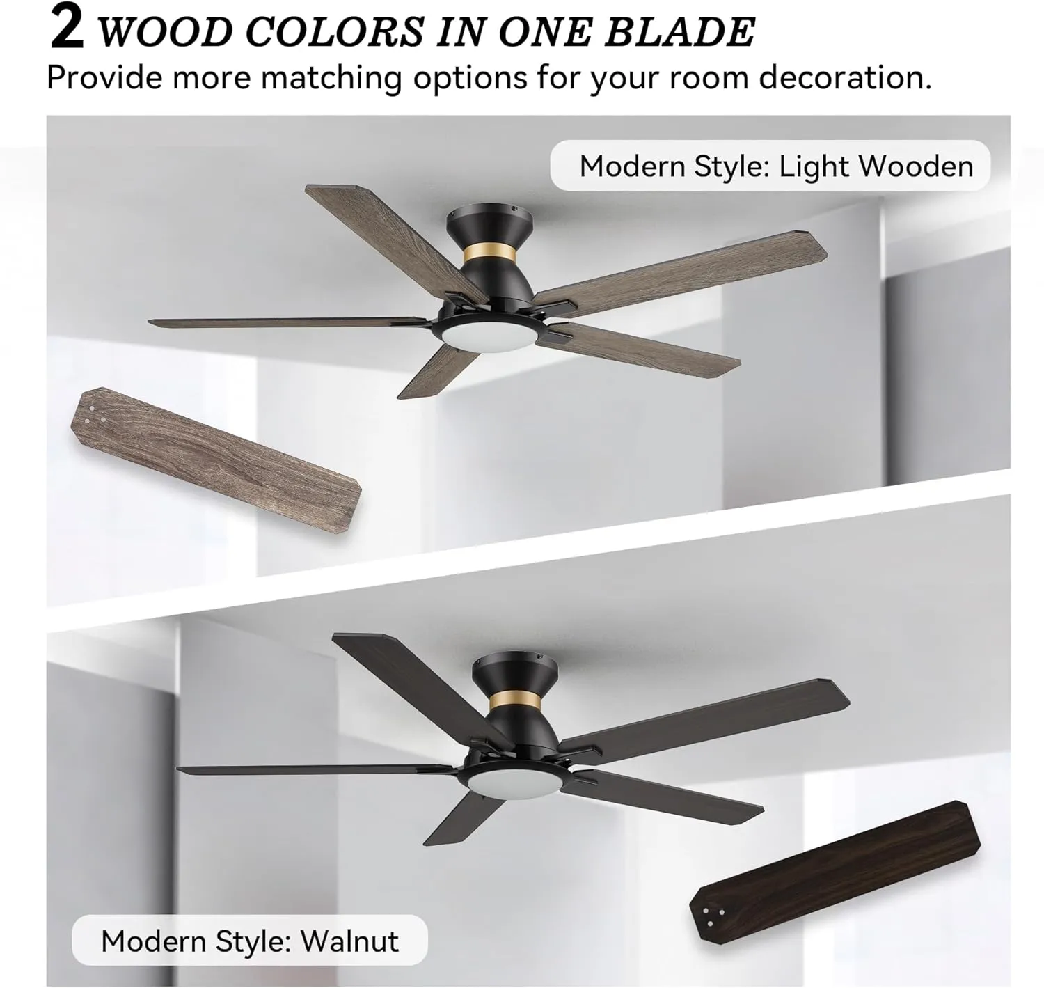 SMAAIR Smart Ceiling Fans with Lights, 52 Inch Low Profile Ceiling Fan with Remote/App/Voice Control via Alexa/Google Assistant/Siri,Flush Mount Modern Ceiling Fan for Bedroom,Reversible,Wooden/Walnut