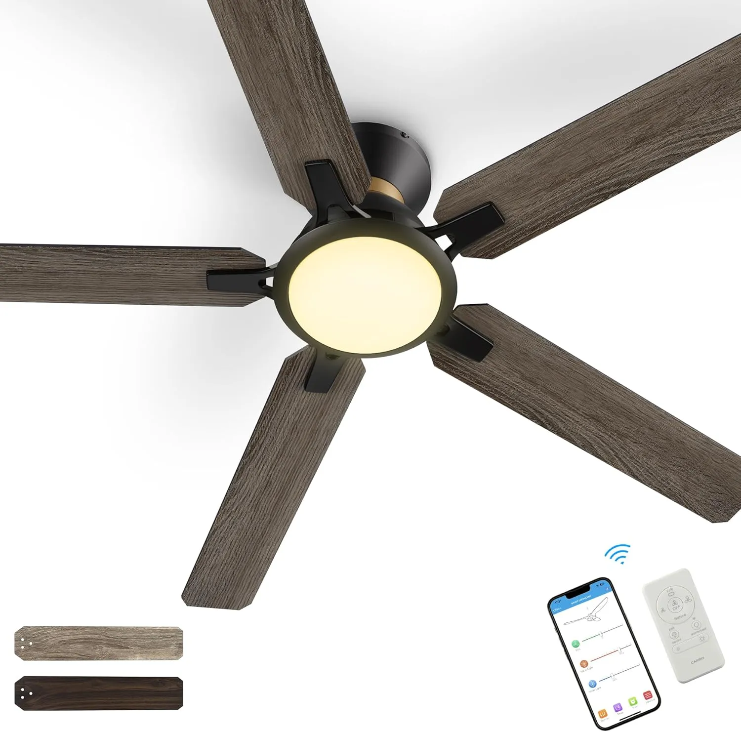 SMAAIR Smart Ceiling Fans with Lights, 52 Inch Low Profile Ceiling Fan with Remote/App/Voice Control via Alexa/Google Assistant/Siri,Flush Mount Modern Ceiling Fan for Bedroom,Reversible,Wooden/Walnut App-controlled remote fan for convenience
