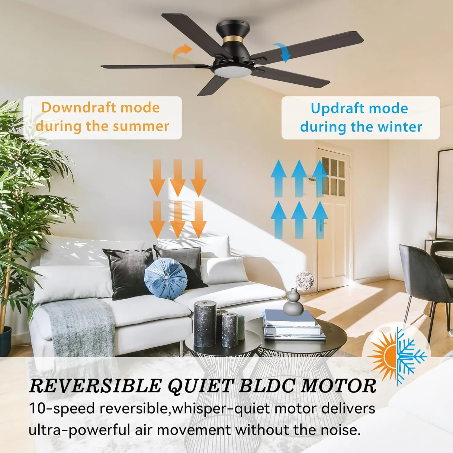 SMAAIR Smart Ceiling Fans with Lights, 52 Inch Low Profile Ceiling Fan with Remote/App/Voice Control via Alexa/Google Assistant/Siri,Flush Mount Modern Ceiling Fan for Bedroom,Reversible,Wooden/Walnut