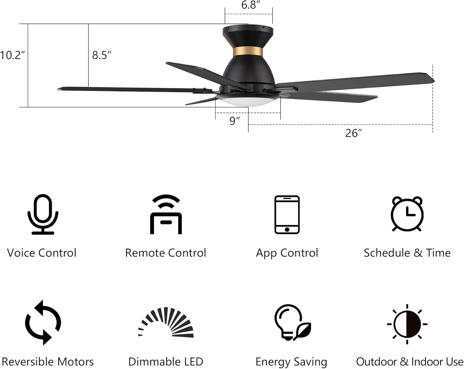 SMAAIR Smart Ceiling Fans with Lights, 52 Inch Low Profile Ceiling Fan with Remote/App/Voice Control via Alexa/Google Assistant/Siri,Flush Mount Modern Ceiling Fan for Bedroom,Reversible,Wooden/Walnut