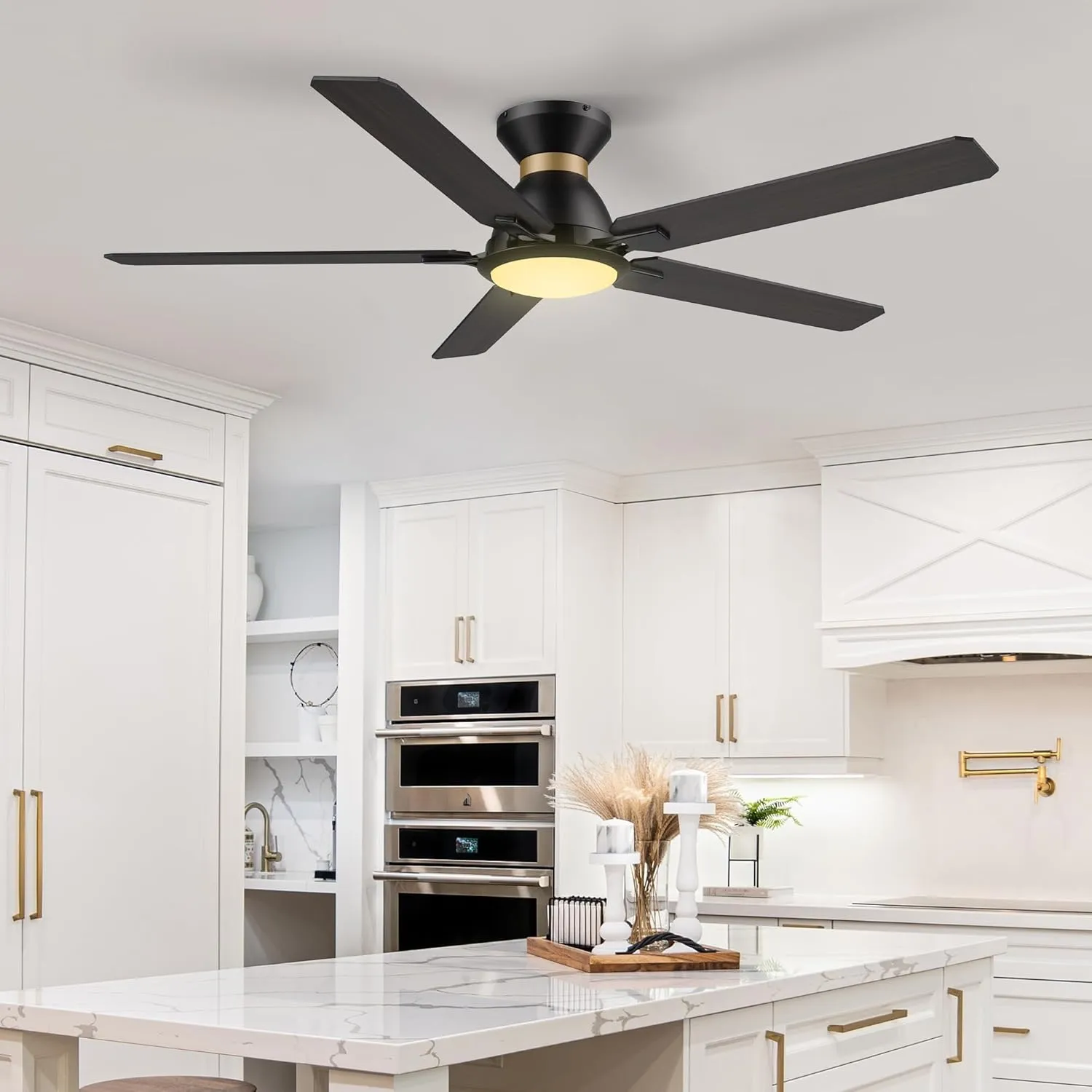 SMAAIR Smart Ceiling Fans with Lights, 52 Inch Low Profile Ceiling Fan with Remote/App/Voice Control via Alexa/Google Assistant/Siri,Flush Mount Modern Ceiling Fan for Bedroom,Reversible,Wooden/Walnut
