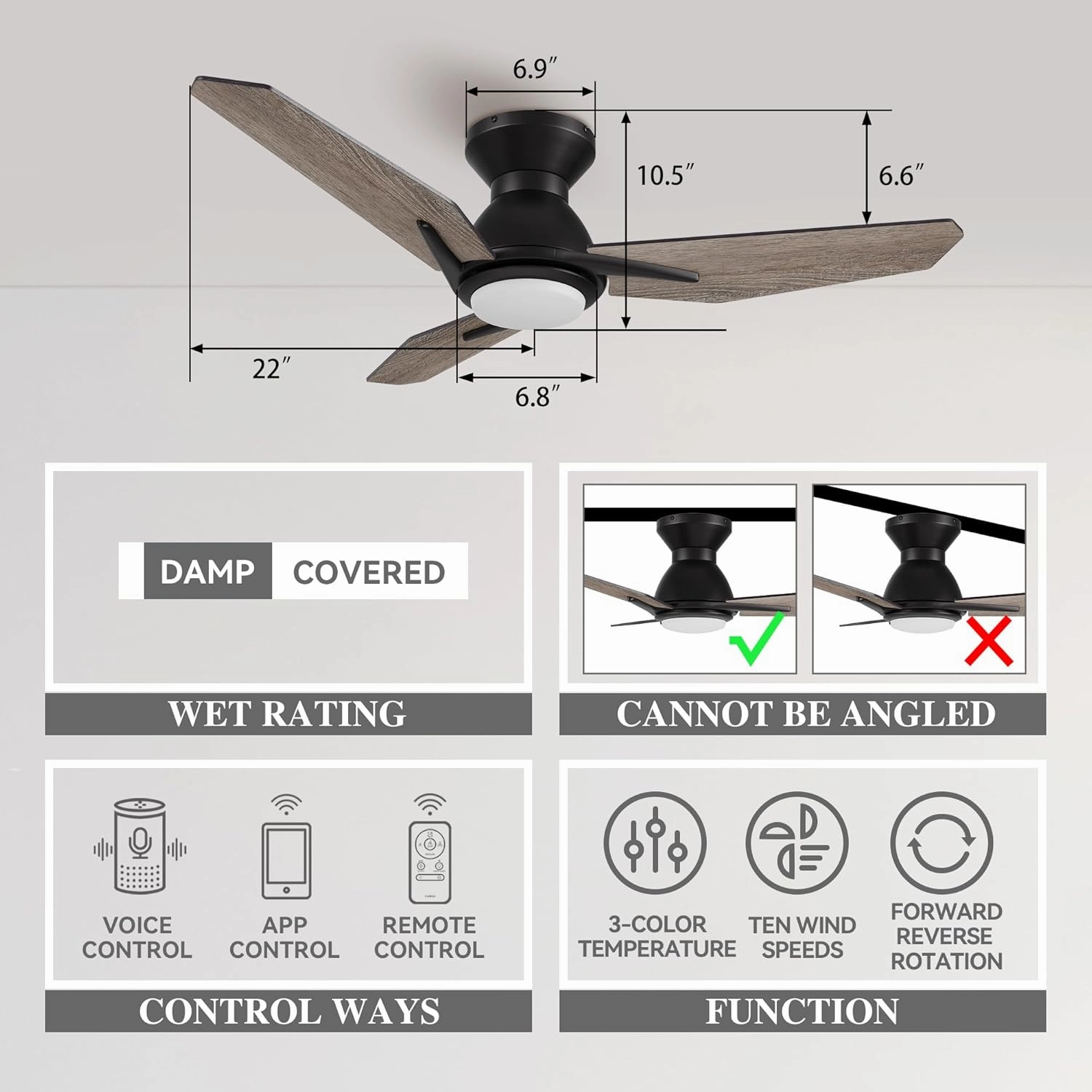 SMAAIR 44 Inch Smart Ceiling Fan with Light, Indoor/Outdoor Ceiling Fan, Compatible with DC Motor,10-speed,8 Hours Timer, Works with Remote Control/Alexa/Google Assistant (Wood)