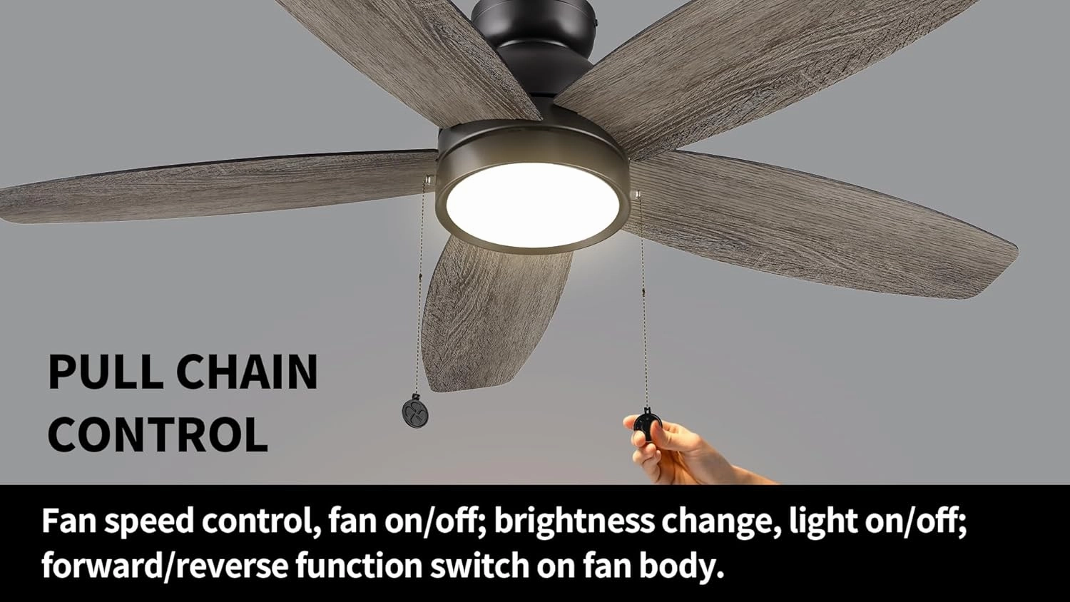 SMAAIR Pull Chain Ceiling Fans with Lights for Bedroom, 52" Low Profile Modern Ceiling Fan with Light, Flush Mount, 3 Blades, Dimmable, DC Motor, Indoor Use,Wooden/Walnut