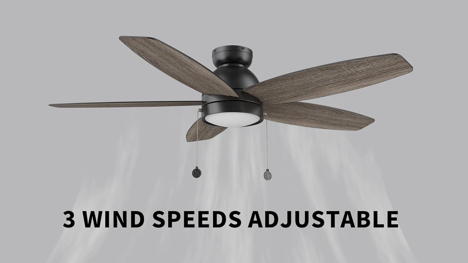 SMAAIR Pull Chain Ceiling Fans with Lights for Bedroom, 52" Low Profile Modern Ceiling Fan with Light, Flush Mount, 3 Blades, Dimmable, DC Motor, Indoor Use,Wooden/Walnut