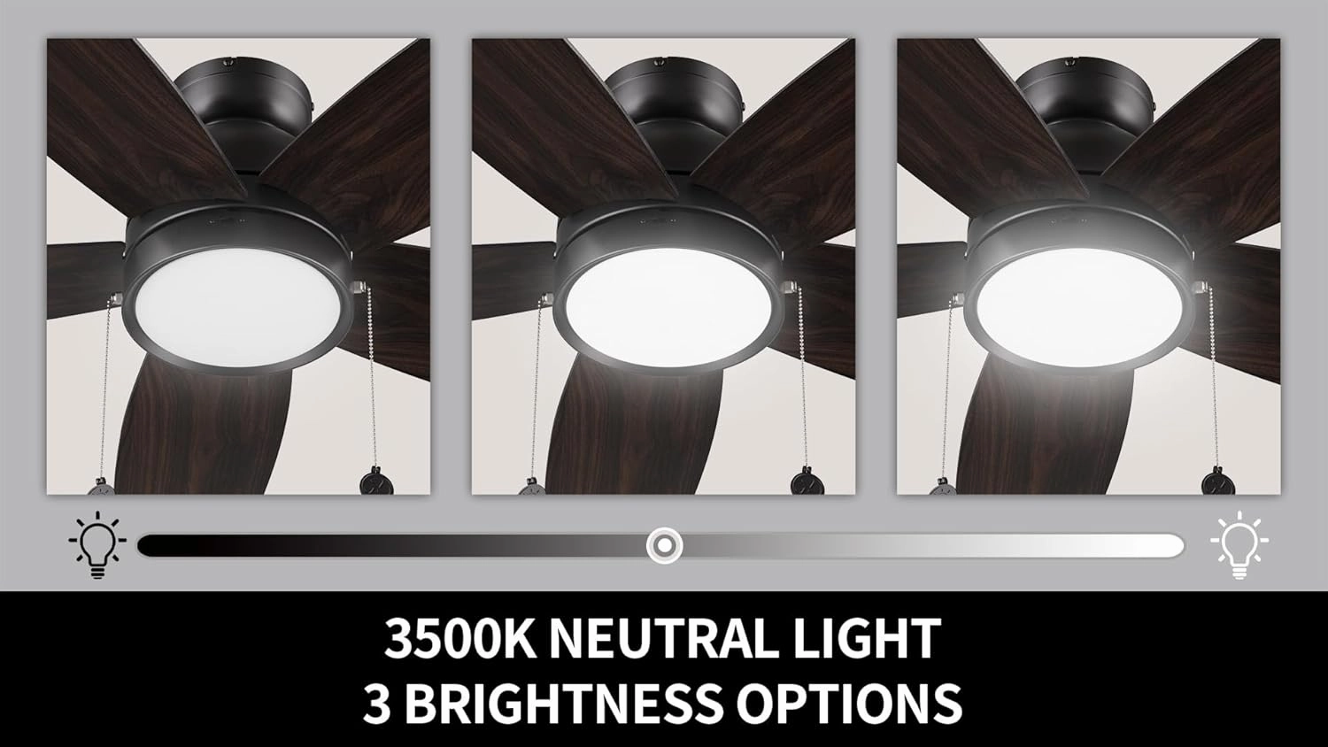 SMAAIR Pull Chain Ceiling Fans with Lights for Bedroom, 52" Low Profile Modern Ceiling Fan with Light, Flush Mount, 3 Blades, Dimmable, DC Motor, Indoor Use,Wooden/Walnut