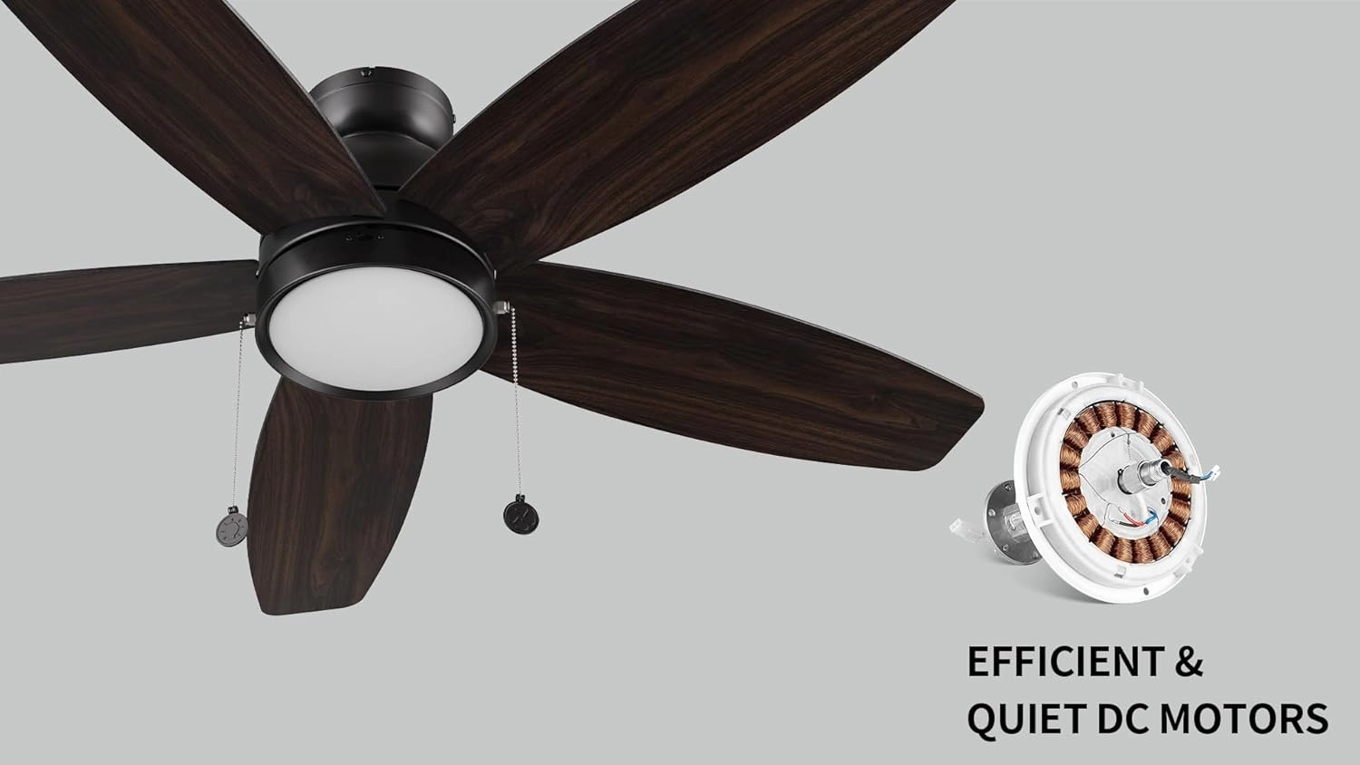SMAAIR Pull Chain Ceiling Fans with Lights for Bedroom, 52" Low Profile Modern Ceiling Fan with Light, Flush Mount, 3 Blades, Dimmable, DC Motor, Indoor Use,Wooden/Walnut
