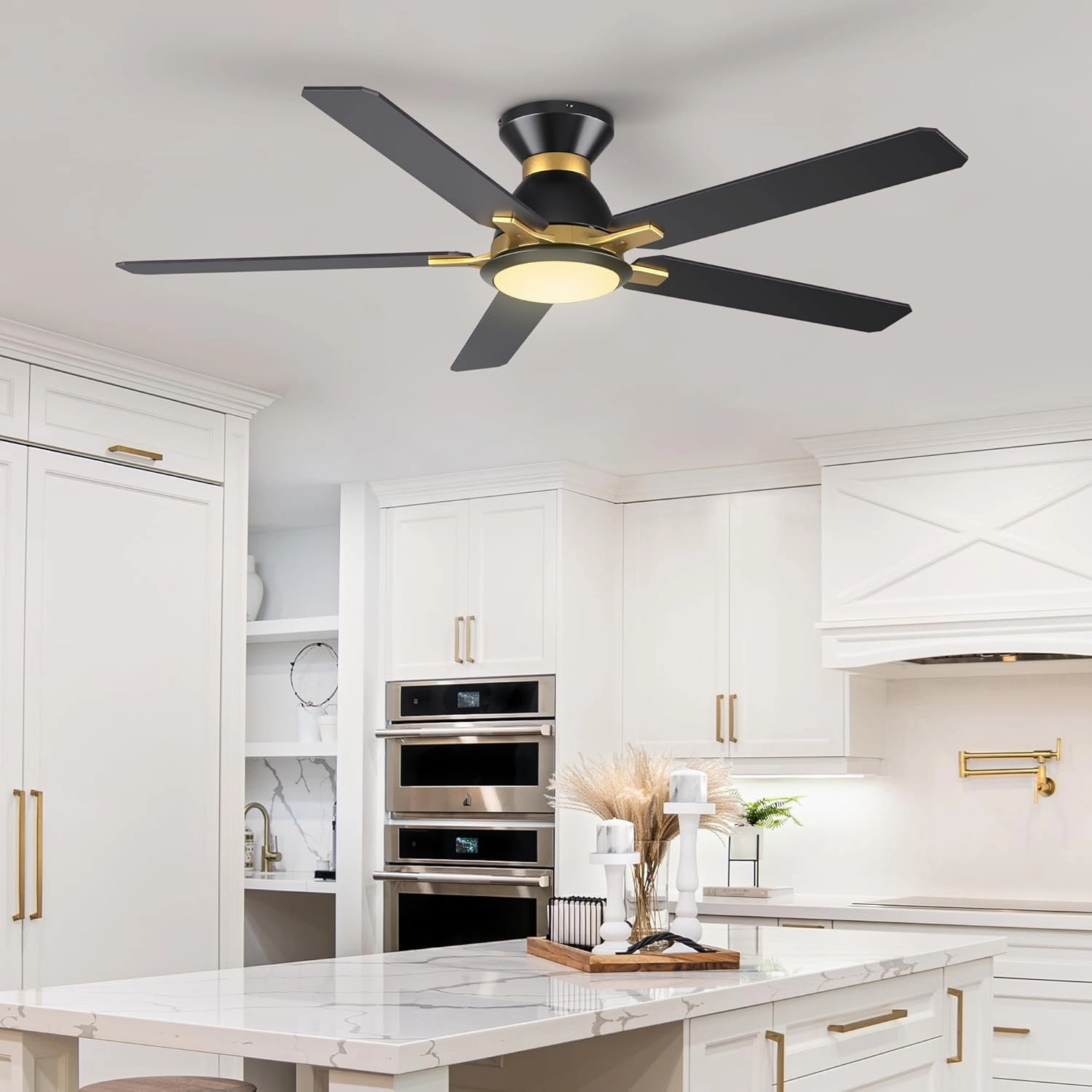 SMAAIR Smart Ceiling Fans with Lights, 52 Inch Low Profile Ceiling Fan with Remote/App/Voice Control via Alexa/Google Assistant/Siri, Flush Mount Modern Ceiling Fans for Bedroom, Reversible,Black/Gold