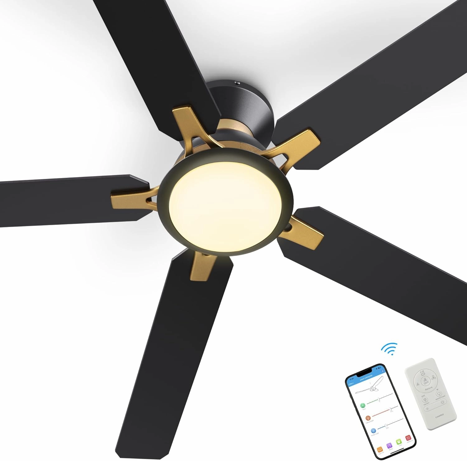 SMAAIR Smart Ceiling Fans with Lights, 52 Inch Low Profile Ceiling Fan with Remote/App/Voice Control via Alexa/Google Assistant/Siri, Flush Mount Modern Ceiling Fans for Bedroom, Reversible,Black/Gold App-controlled remote fan for convenience