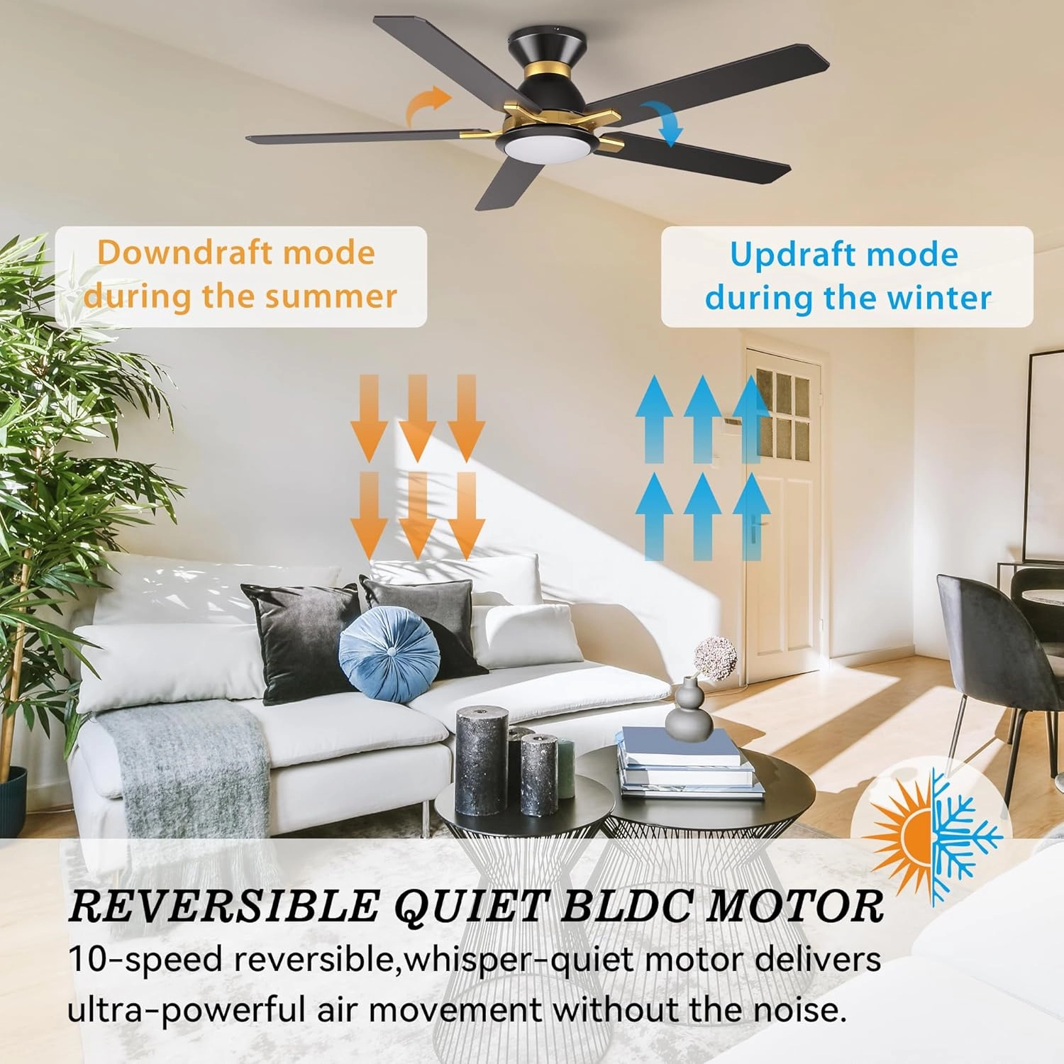 SMAAIR Smart Ceiling Fans with Lights, 52 Inch Low Profile Ceiling Fan with Remote/App/Voice Control via Alexa/Google Assistant/Siri, Flush Mount Modern Ceiling Fans for Bedroom, Reversible,Black/Gold