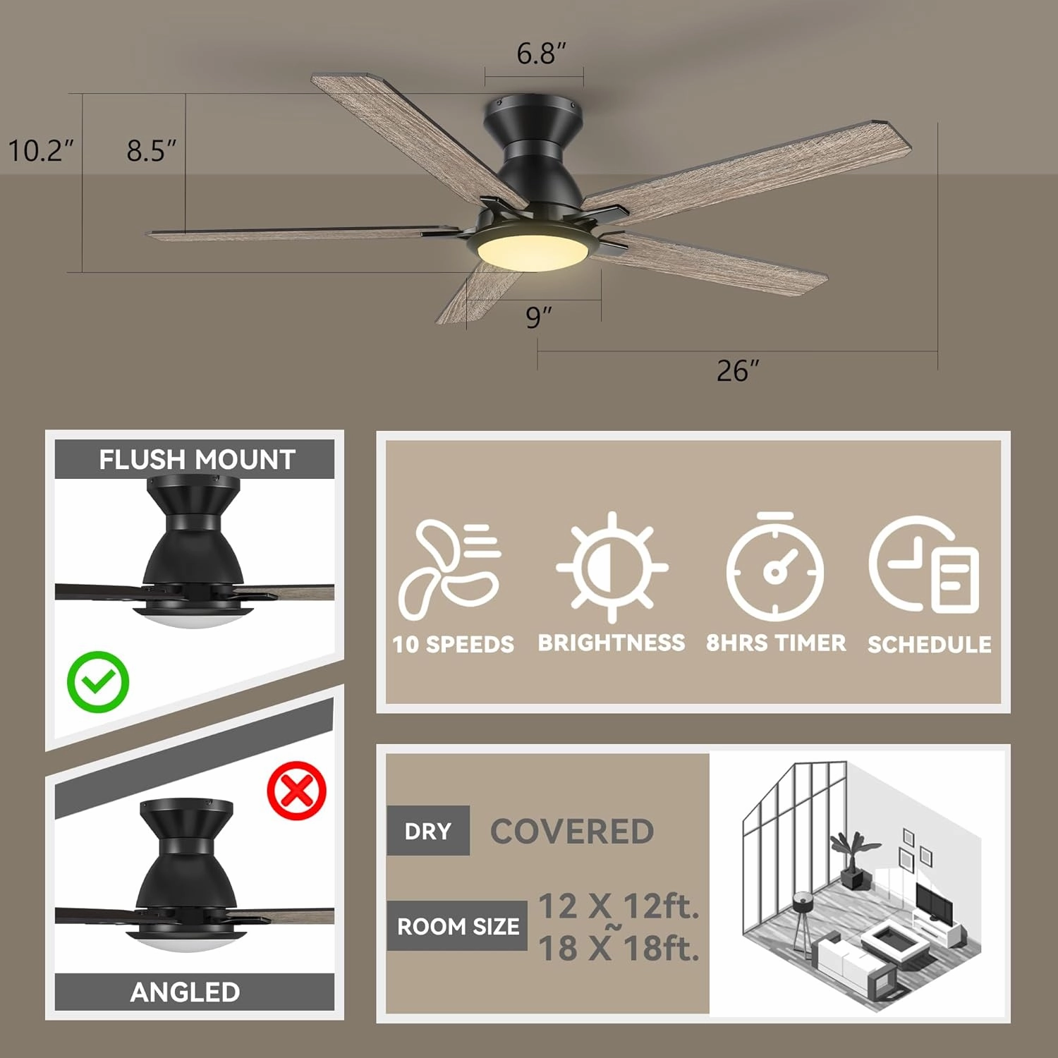 SMAAIR Smart Ceiling Fans with Lights, 52 Inch Modern Ceiling Fans with Remote/App/Voice Control via Alexa/Google Assistant/Siri, Flush Mount Ceiling Fan for Bedroom, Reversible, Light Wooden/Walnut