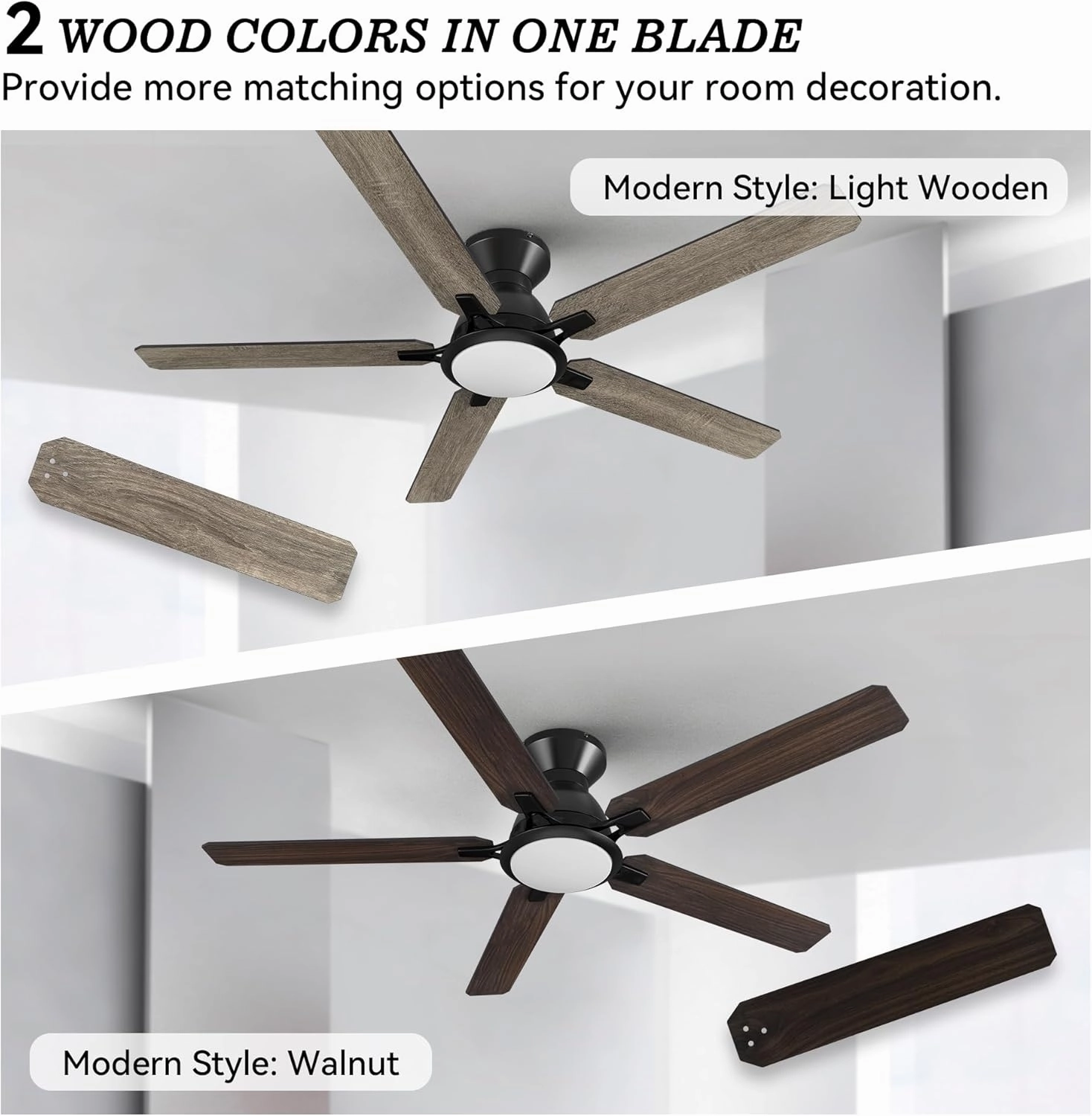 SMAAIR Smart Ceiling Fans with Lights, 52 Inch Modern Ceiling Fans with Remote/App/Voice Control via Alexa/Google Assistant/Siri, Flush Mount Ceiling Fan for Bedroom, Reversible, Light Wooden/Walnut