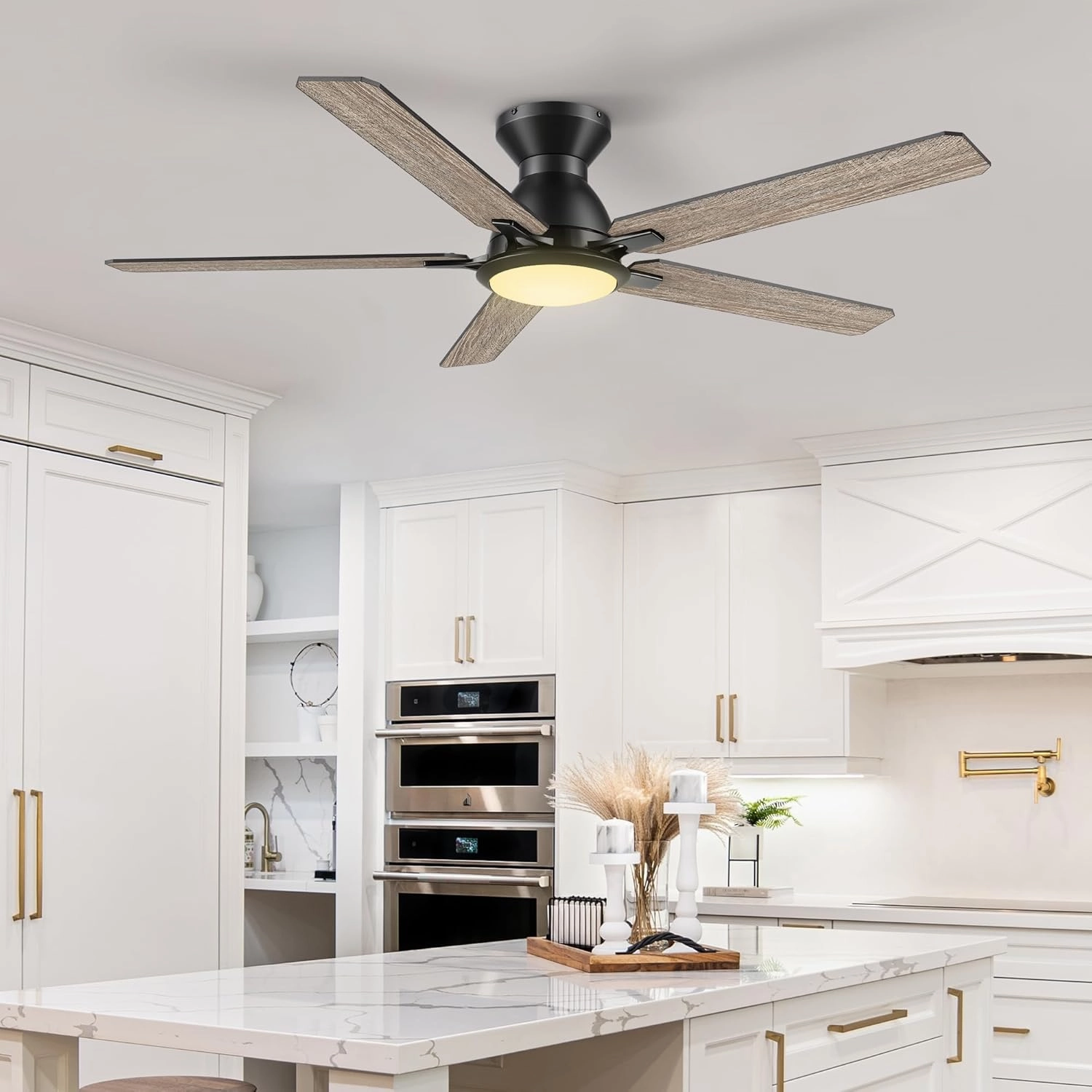 SMAAIR Smart Ceiling Fans with Lights, 52 Inch Modern Ceiling Fans with Remote/App/Voice Control via Alexa/Google Assistant/Siri, Flush Mount Ceiling Fan for Bedroom, Reversible, Light Wooden/Walnut