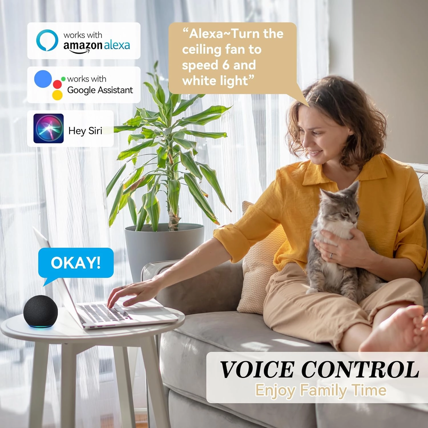 SMAAIR Smart Ceiling Fans with Lights, 52 Inch Modern Ceiling Fans with Remote/App/Voice Control via Alexa/Google Assistant/Siri, Flush Mount Ceiling Fan for Bedroom, Reversible, Light Wooden/Walnut