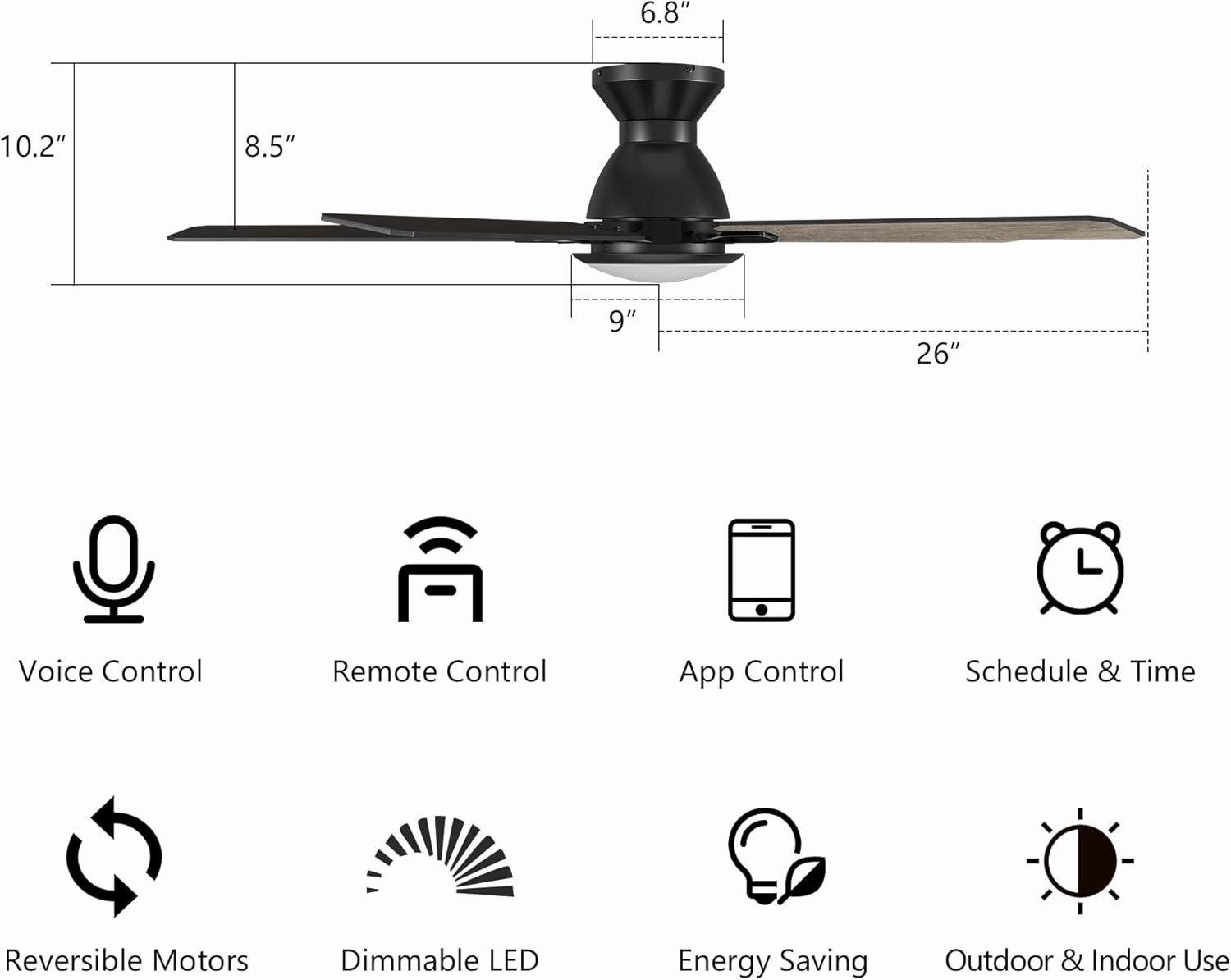 SMAAIR Smart Ceiling Fans with Lights, 52 Inch Modern Ceiling Fans with Remote/App/Voice Control via Alexa/Google Assistant/Siri, Flush Mount Ceiling Fan for Bedroom, Reversible, Light Wooden/Walnut