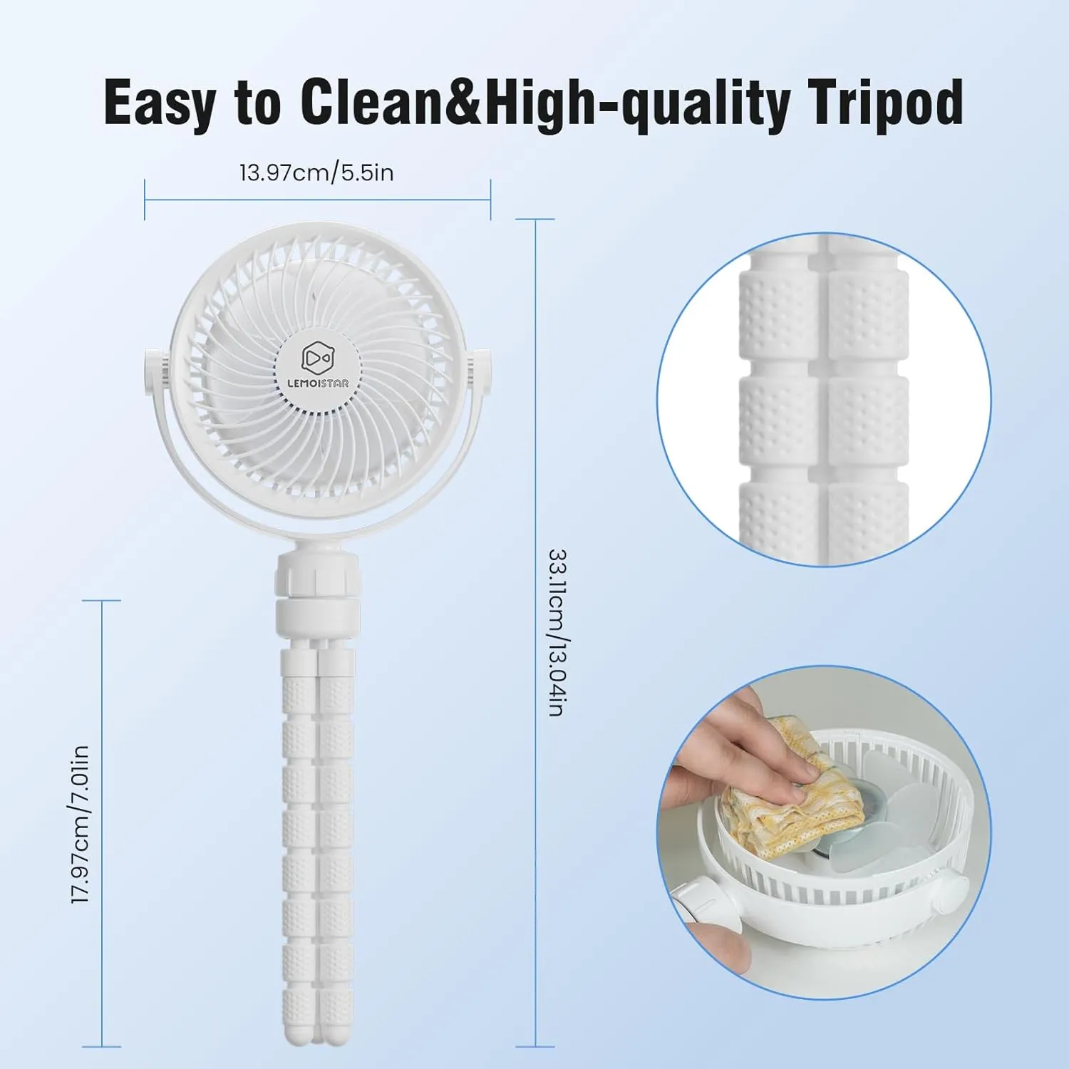 Small Battery Operated Clip-on Versatile Fan with Flexible Tripod, 5000 mAh Portable Stroller Fan, Rechargeable Desk Fans, 4 Speeds, Max 26 hours, USB Powered,360Rotation, for Car, Camping Outage