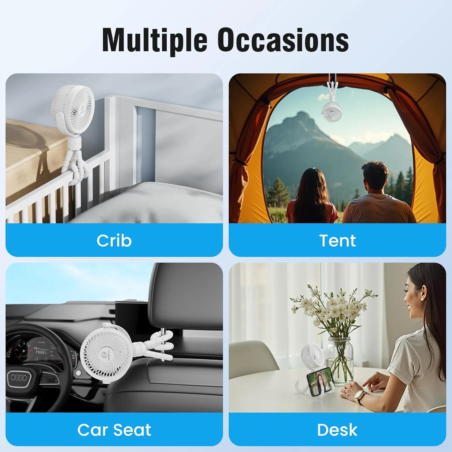 Small Battery Operated Clip-on Versatile Fan with Flexible Tripod, 5000 mAh Portable Stroller Fan, Rechargeable Desk Fans, 4 Speeds, Max 26 hours, USB Powered,360Rotation, for Car, Camping Outage