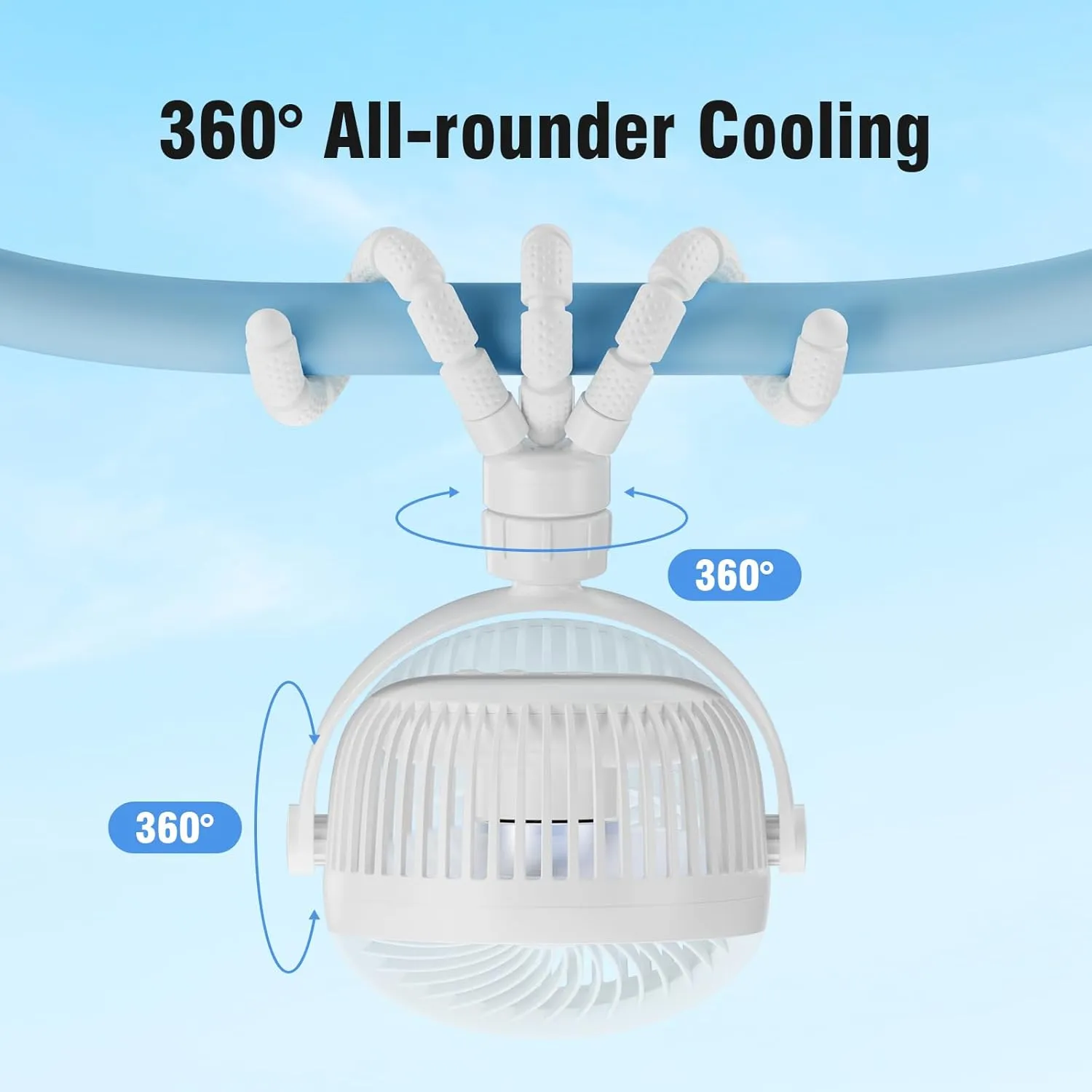 Small Battery Operated Clip-on Versatile Fan with Flexible Tripod, 5000 mAh Portable Stroller Fan, Rechargeable Desk Fans, 4 Speeds, Max 26 hours, USB Powered,360Rotation, for Car, Camping Outage